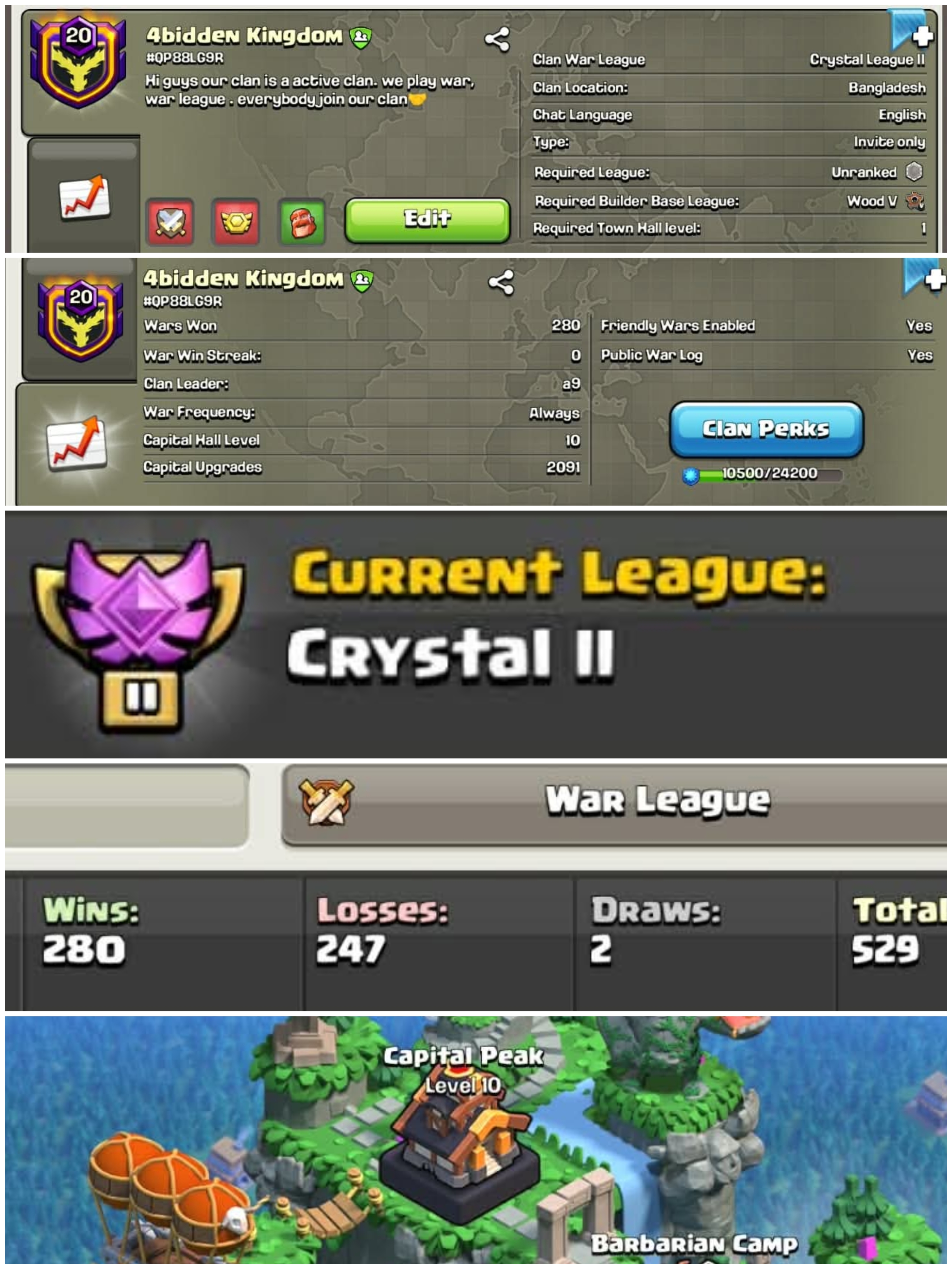 ➤CLAN LEVEL 20➤ CRYSTAL LEAGUE 2➤NAME:4bidden kingdom ➤ RARE ENGLISH NAME ➤ CLAN CAPITAL 10 || WIN- 280 | LOSS-247 ➤LOW PRICE