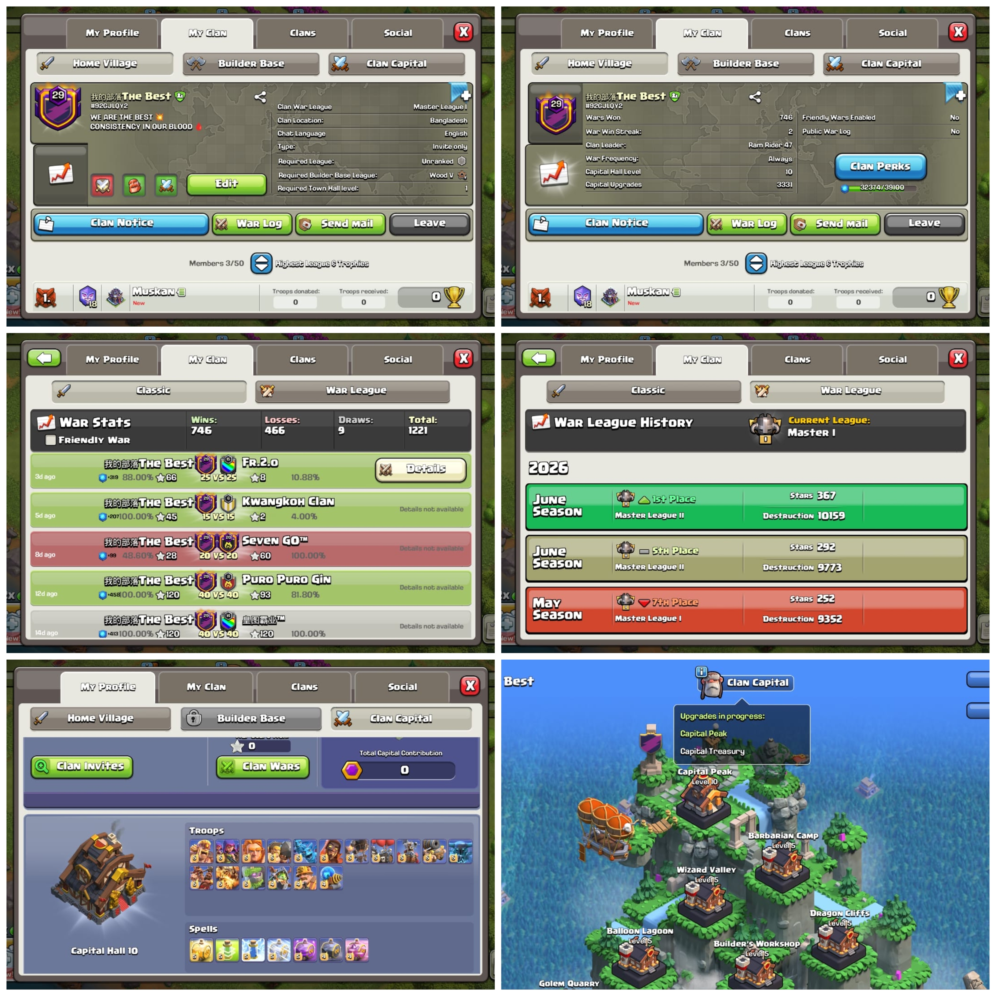 CU:3331➤CLAN LEVEL 29 ➤MASTER LEAGUE 1➤NAME: The Best ➤ RARE ENGLISH NAME ➤ CLAN CAPITAL 10 || WIN- 746| LOSS- 466➤LOW PRICE