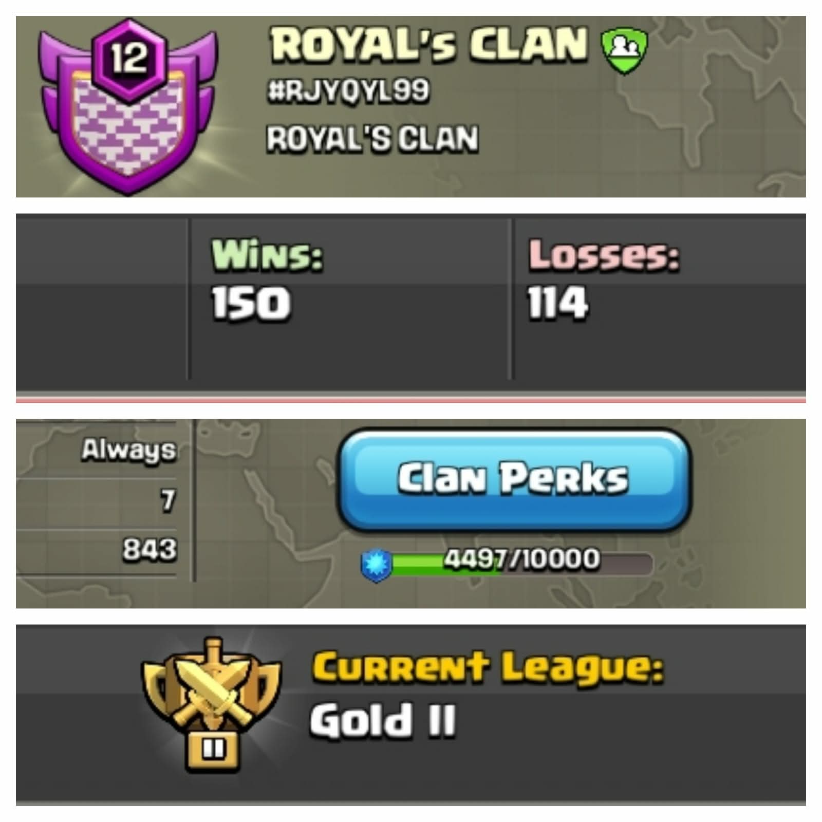 ➤CLAN LEVEL 12➤ GOLD LEAGUE 2➤NAME: ROYAL's CLAN ➤ RARE ENGLISH NAME ➤ CLAN CAPITAL 7|| WIN-150 | LOSS-114 ➤LOW PRICE