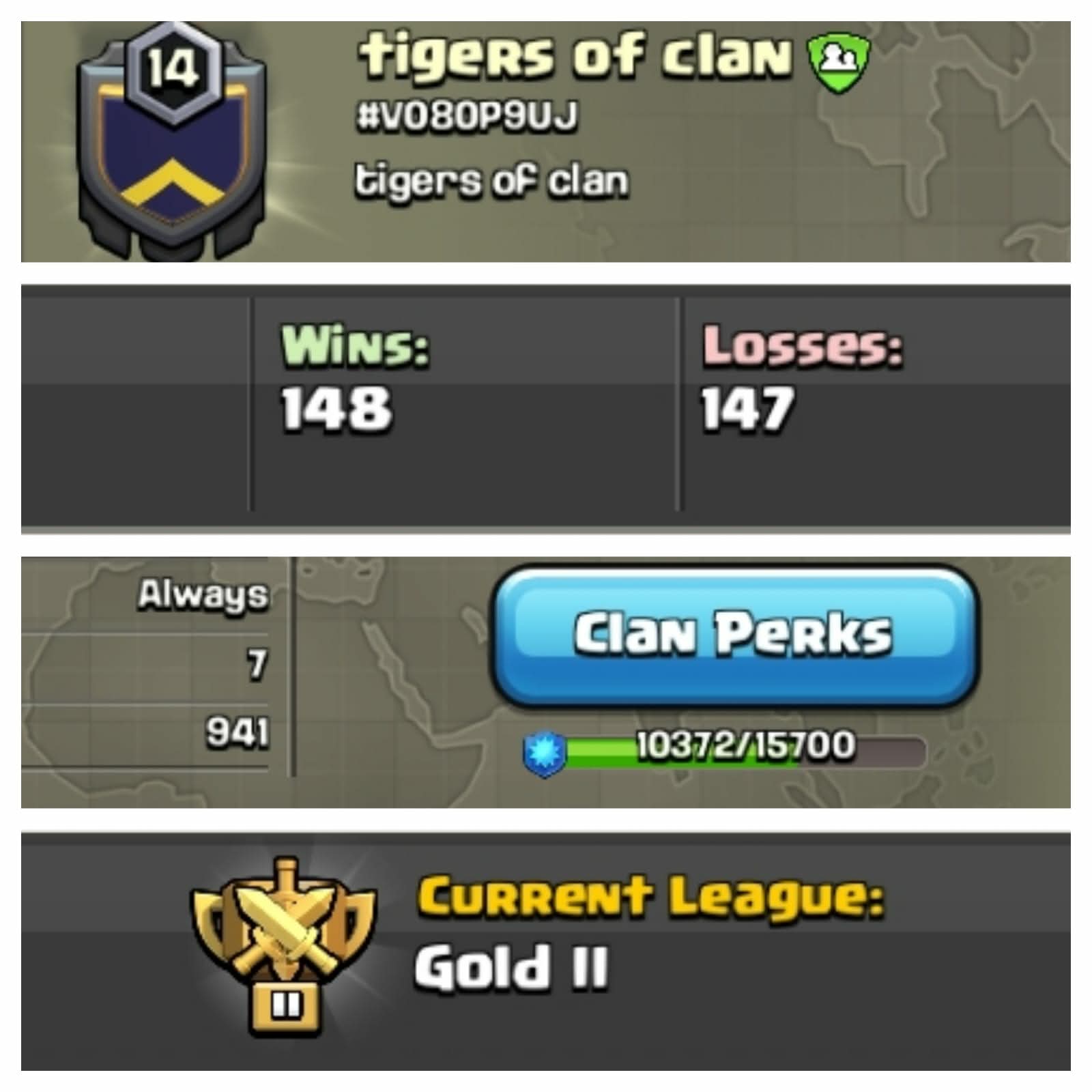 ➤CLAN LEVEL 14 ➤ GOLD LEAGUE 2➤NAME:tigers of clan  ➤ RARE ENGLISH NAME ➤ CLAN CAPITAL 7 || WIN-148  | LOSS-147 ➤LOW PRICE