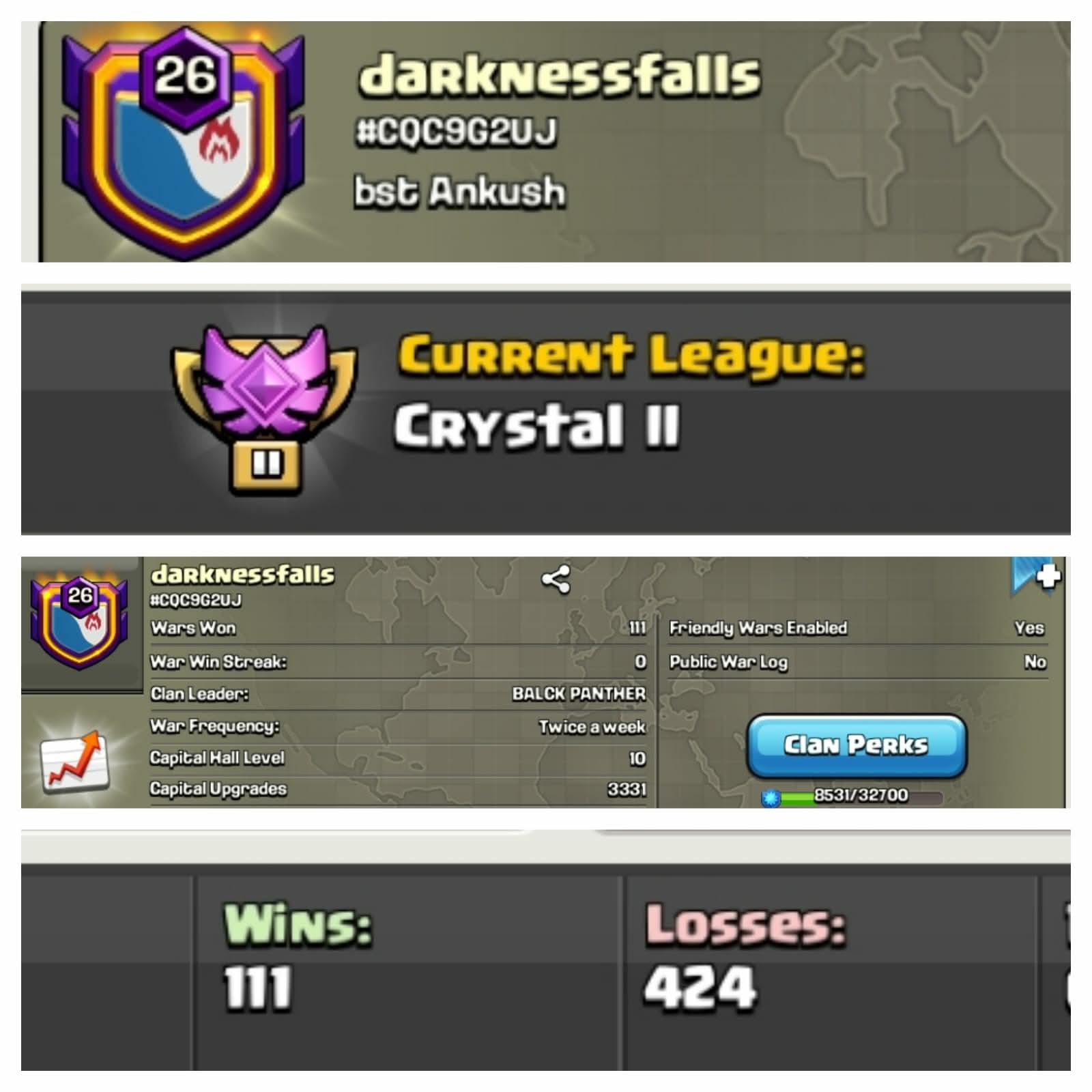 CU-3331➤CLAN LEVEL 26 ➤ CRYSTAL LEAGUE 2➤NAME:Darknessfalls  ➤ RARE ENGLISH NAME ➤ CLAN CAPITAL 10 || WIN- 111 | LOSS- 424➤LOW PRICE