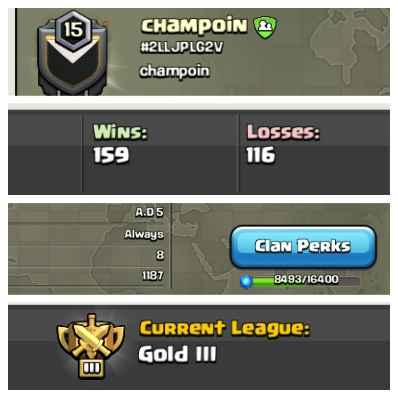➤CLAN LEVEL 15 ➤ GOLD LEAGUE 3➤NAME: Champoin ➤ RARE ENGLISH NAME ➤ CLAN CAPITAL 8 || WIN- 159 | LOSS-116 ➤LOW PRICE