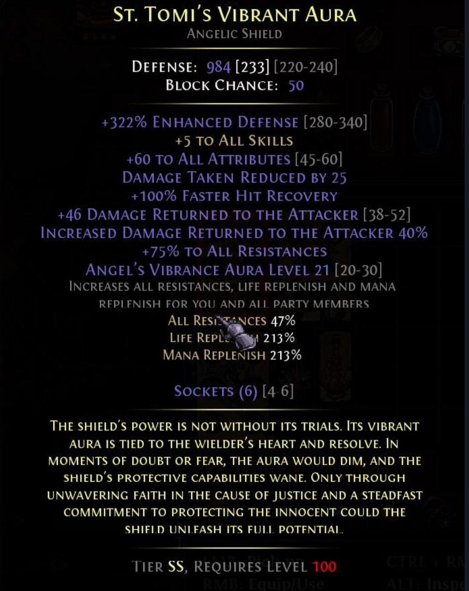 Hero Siege -- ANGELIC SHIELD // ST. TOMI'S VIBRANT AURA // +5 TO ALL SKILLS