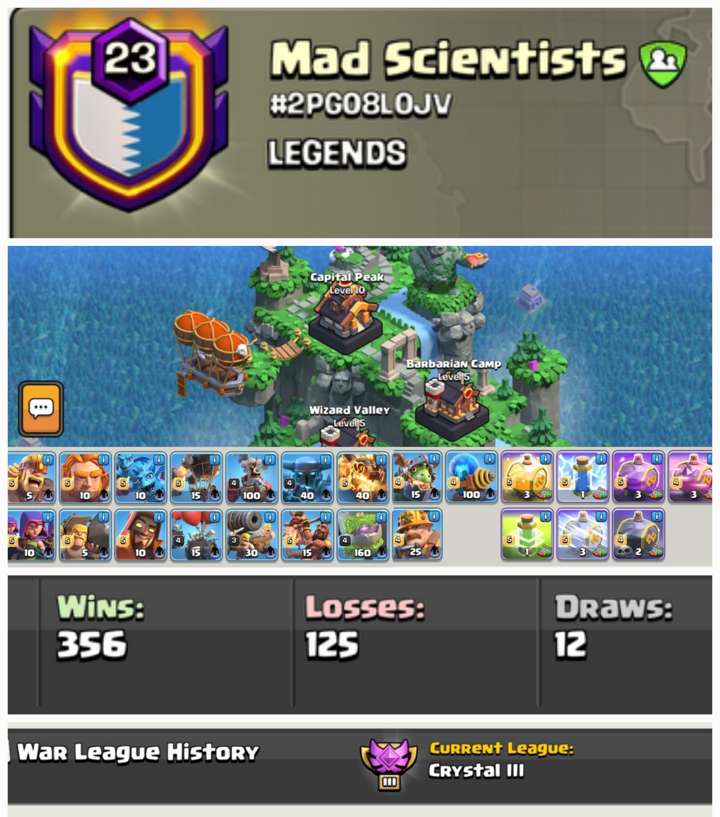Mad Scientists !! LEVEL 23 !! WIN 356 LOSS 125 !! CAPITAL PEAK 10 (NEAR MAX ARMY) !! CRYSTAL LEAUGE 3 !! PERFECT NAME !! HIGH WINS !! FAST DELIVERY