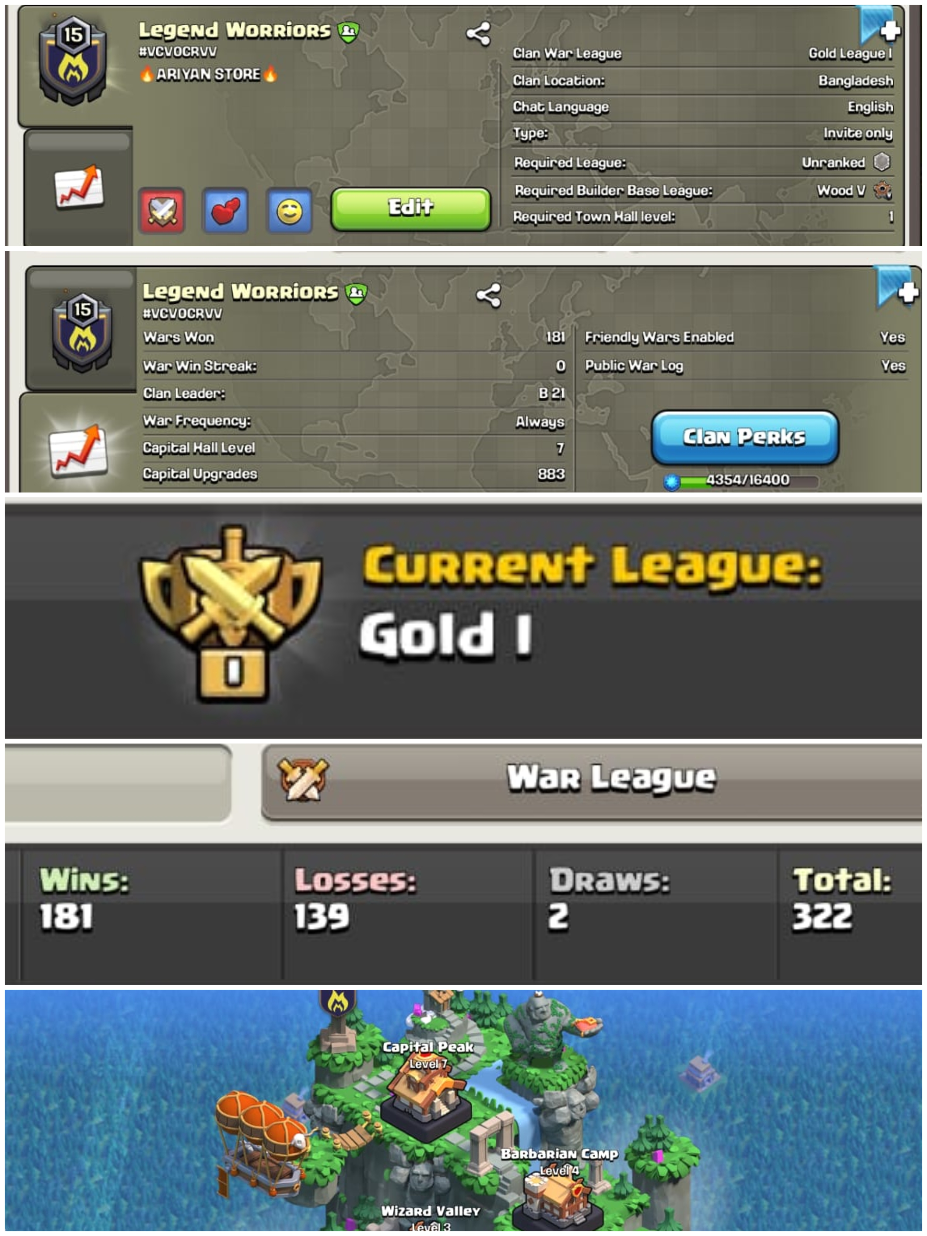 ➤CLAN LEVEL 15➤ GOLD LEAGUE 1 ➤NAME: Legend worriors ➤ RARE ENGLISH NAME ➤ CLAN CAPITAL 7|| WIN- 181 | LOSS-139 ➤LOW PRICE