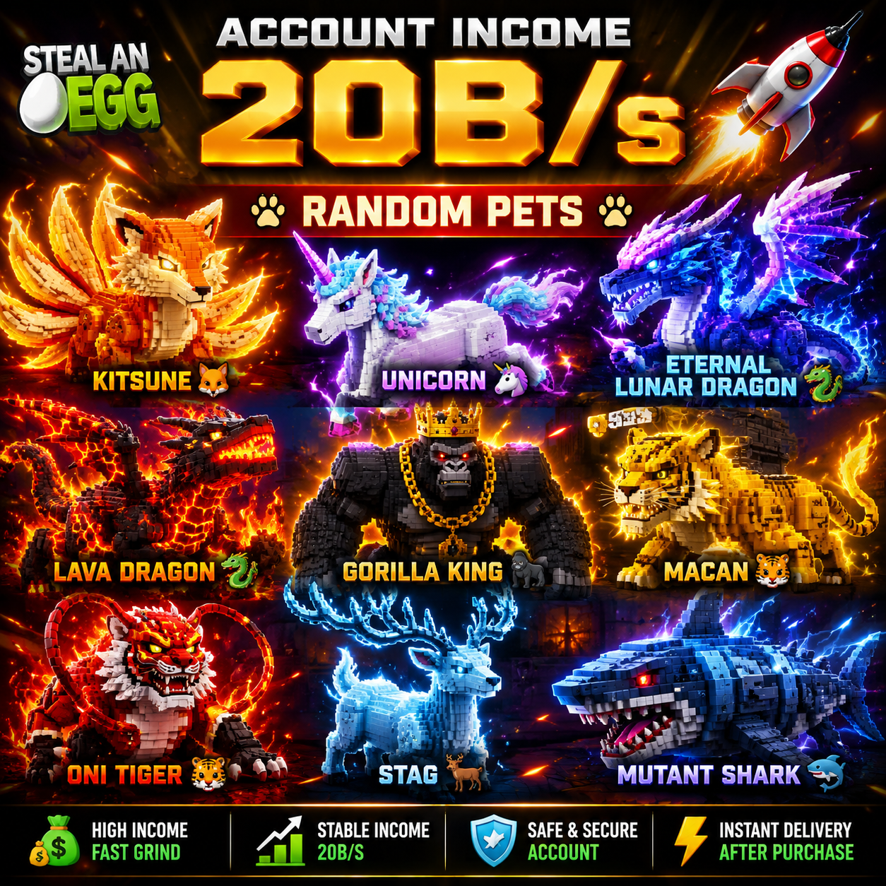 Account Income 20B/s   🚀 Random Pets 🐾 Kitsune 🦊 Unicorn 🦄 Eternal Lunar Dragon 🐉 Lava Dragon 🐲 Gorilla King 🦍 Macan 🐯 Oni Tiger 🐯 Stag 🦌 Mutant Shark 🦈