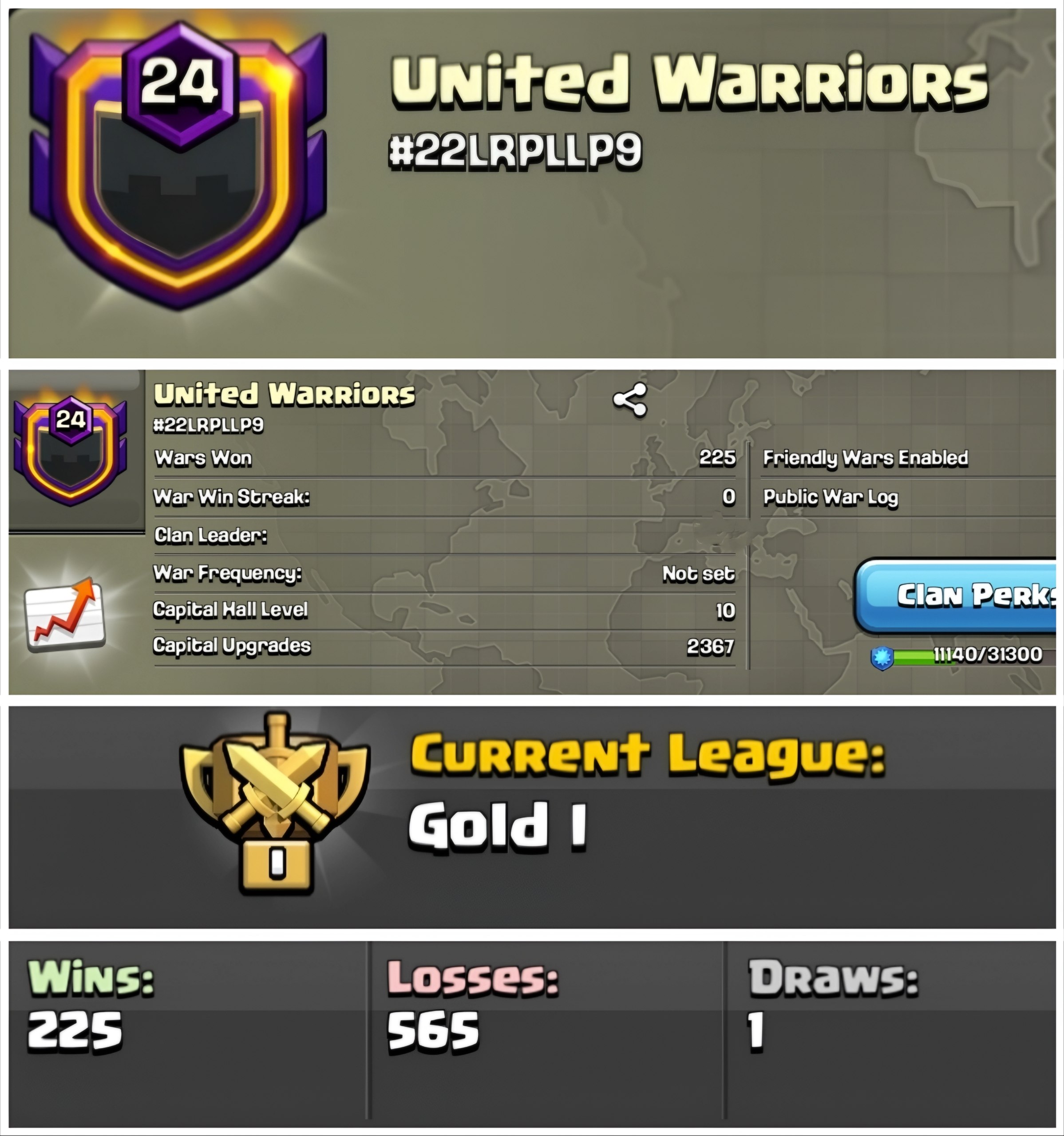 HOT DEAL 🔥🔥 || United Warriors || Lvl 24 || CC-10 || GOLD 1 🥇 || PURE ENG CLAN || RARE AND SOLID NAME