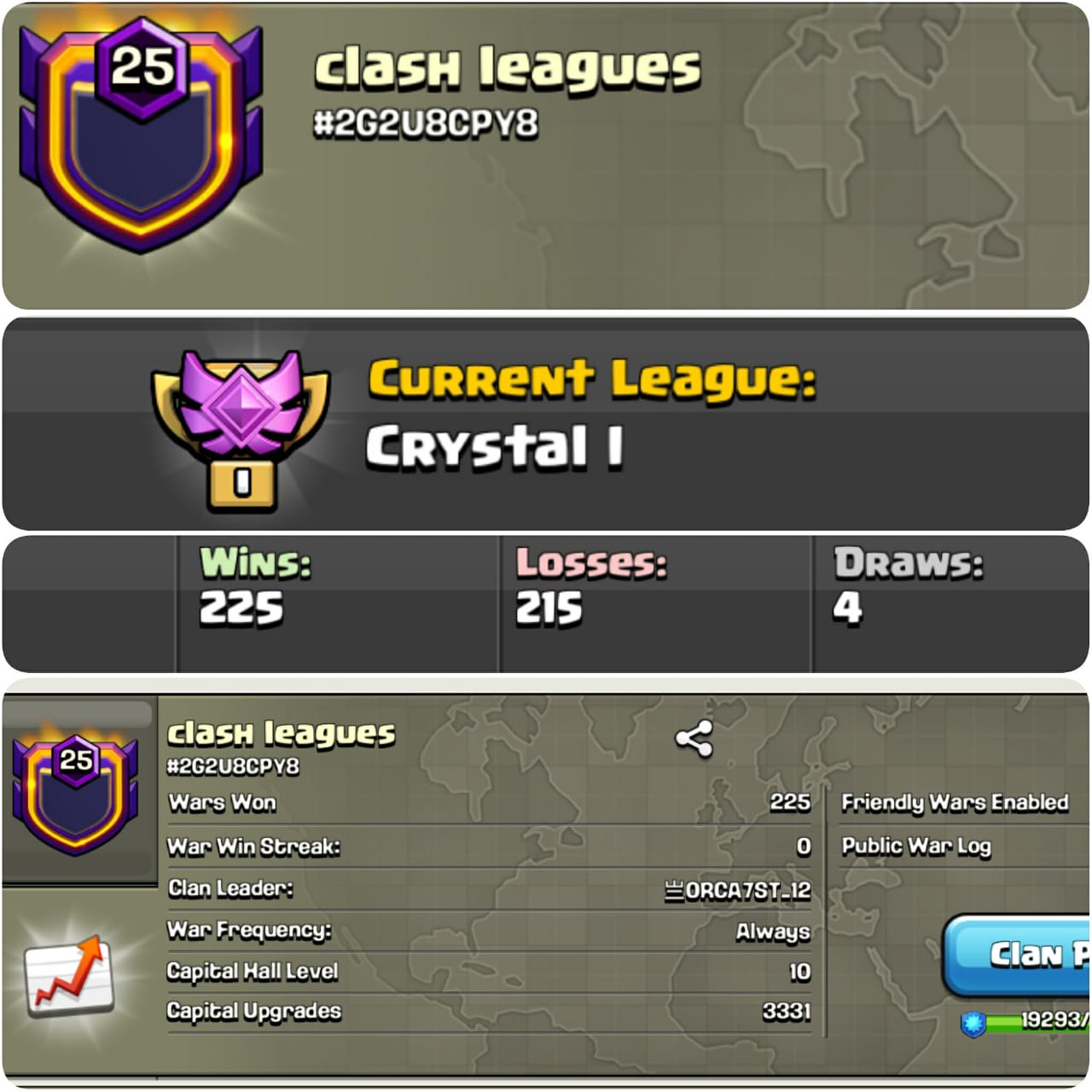 CU-3331➤CLAN LEVEL 25 ➤ CRYSTAL LEAGUE 1➤NAME: Clash Leagues ➤ RARE ENGLISH NAME ➤ CLAN CAPITAL 10|| WIN- 225 | LOSS- 215➤LOW PRICE