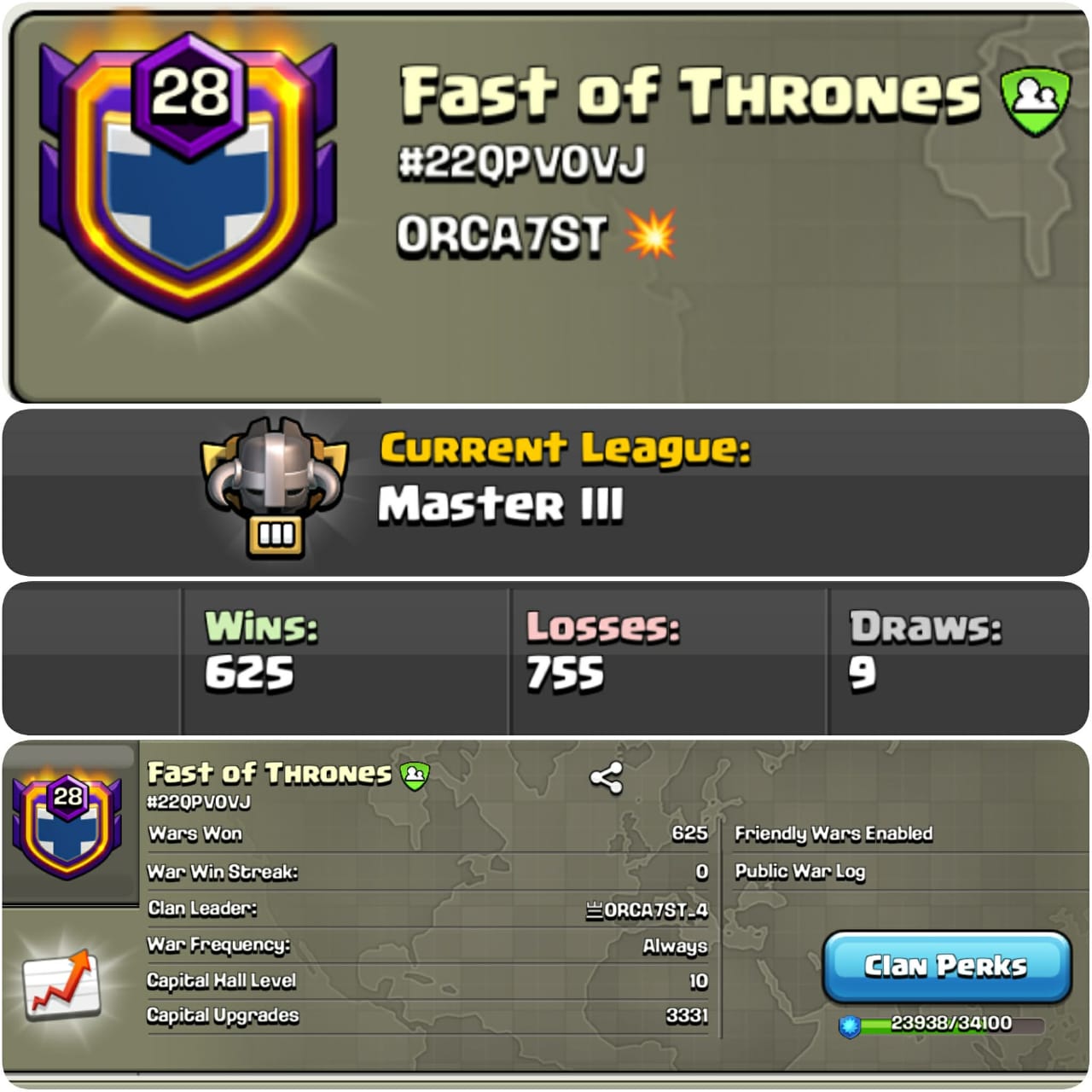 CU-3331➤CLAN LEVEL 28➤ MASTER LEAGUE 3➤NAME: Fast of Thrones ➤ RARE ENGLISH NAME ➤ CLAN CAPITAL10 || WIN-625 | LOSS-755 ➤LOW PRICE