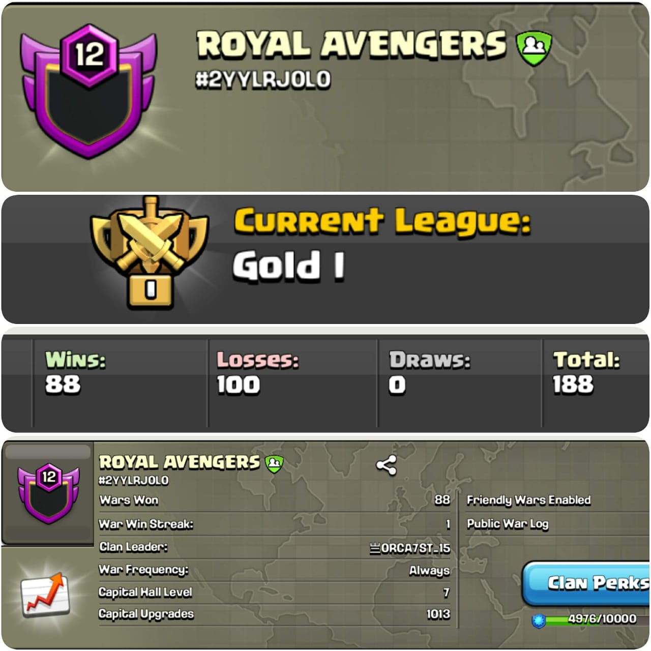 CLAN LEVEL 12 ➤ GOLD LEAGUE 1➤NAME: ROYAL AVENGERS  ➤ RARE ENGLISH NAME ➤ CLAN CAPITAL 7 || WIN-88  | LOSS-100 ➤LOW PRICE