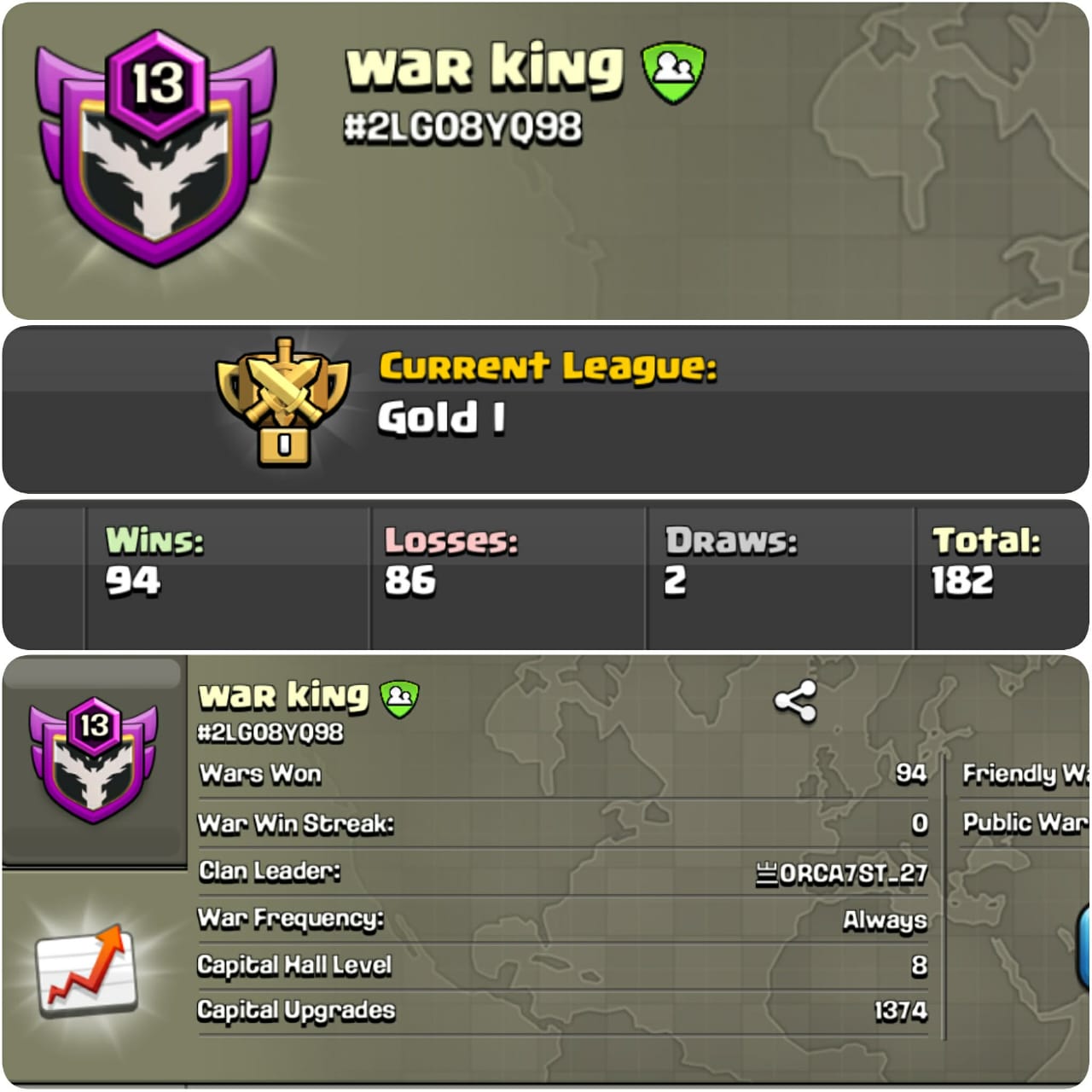 CLAN LEVEL 14 ➤ CRYSTAL LEAGUE 2➤NAME:DEMON EMPIRE  ➤ RARE ENGLISH NAME ➤ CLAN CAPITAL 9 || WIN- 110 | LOSS- 27➤LOW PRICE