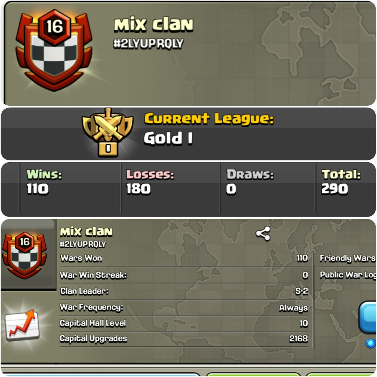 CU-2168➤CLAN LEVEL 16 ➤ GOLD LEAGUE 1➤NAME:Mix Clan ➤ RARE ENGLISH NAME ➤ CLAN CAPITAL 10 || WIN-110 | LOSS-180 ➤LOW PRICE