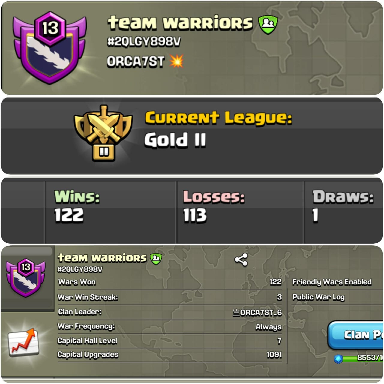 || CLAN LEVEL 13 || GOLD LEAGUE 2 || NAME: team Warriors || RARE ENGLISH NAME || CLAN CAPITAL 7 || WIN- 122 | LOSS- 113 || LOW PRICE
