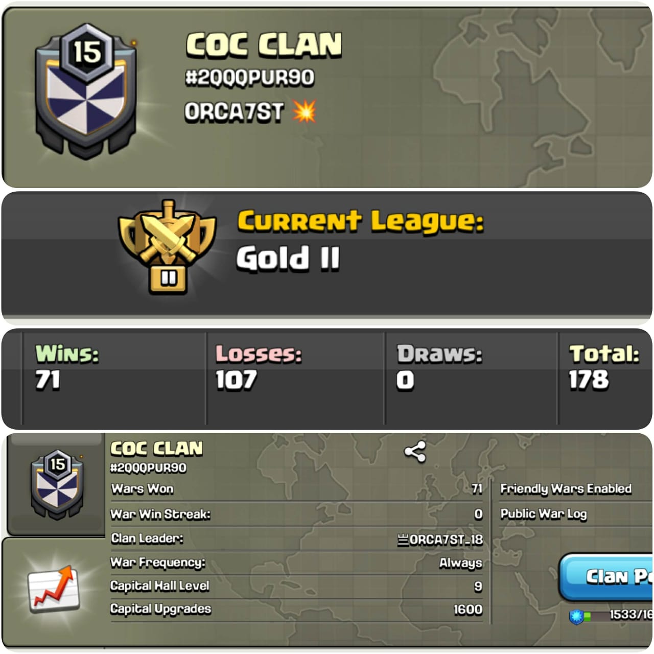 || CLAN LEVEL 15 || GOLD LEAGUE 2 || NAME: COC CLAN || RARE ENGLISH NAME || CLAN CAPITAL 9 || WIN- 71 | LOSS- 107 || LOW PRICE