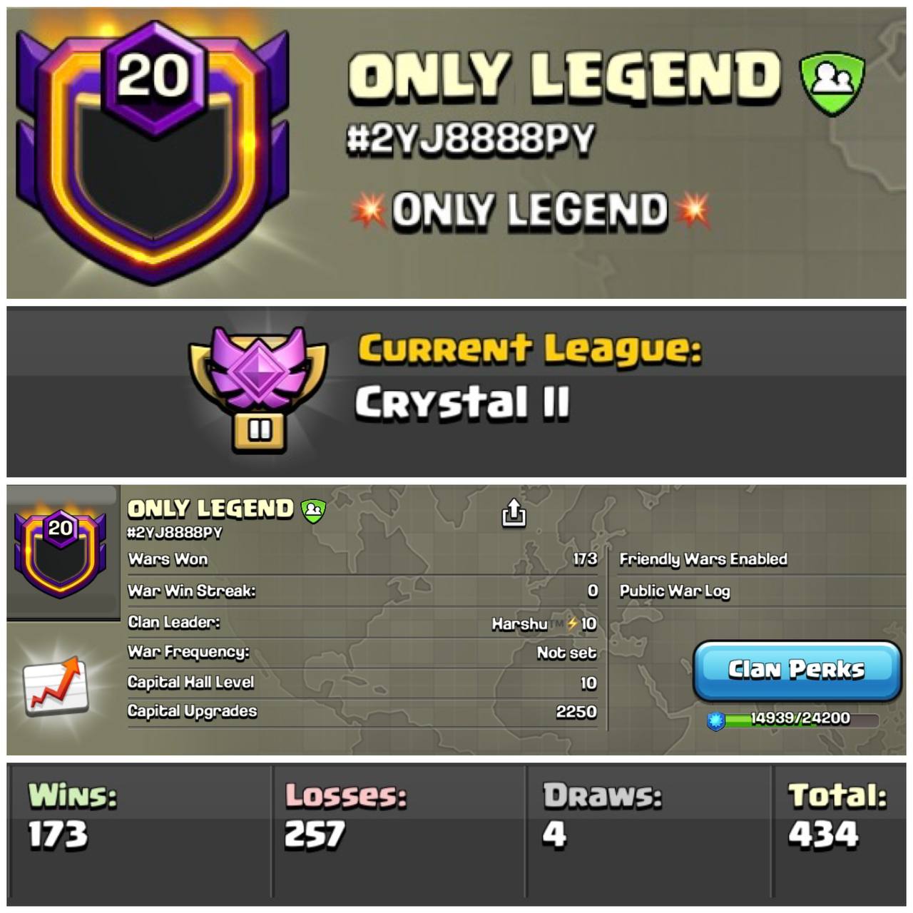 #ONLY LEGEND💥Crystal League 2💥Level 20💥Descent War log💥Capital Hall 10💥Pure English Name💥Value For Money