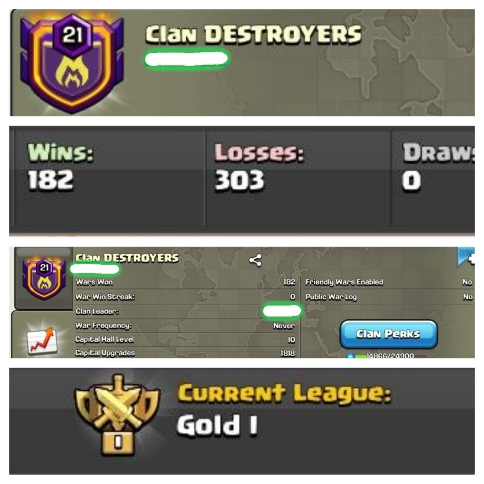 || CLAN LEVEL 21 ✓ GOLD LEAGUE 1 || NAME: Clan Destroyers || RARE ENGLISH NAME || CLAN CAPITAL 10 || WIN- 182 | LOSS- 303 || LOW PRICE
