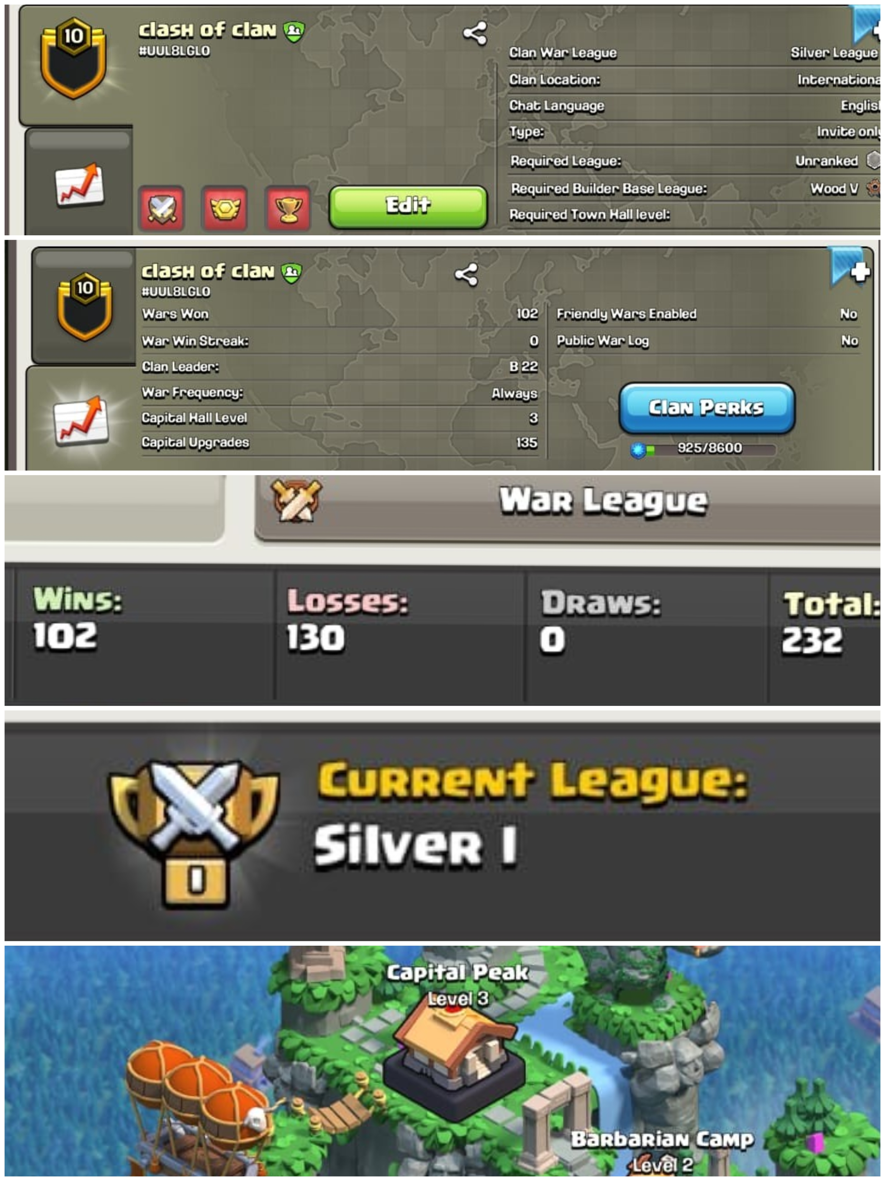 || CLAN LEVEL 10 || SILVER LEAGUE 1 || NAME: clash of clans || RARE ENGLISH NAME || CLAN CAPITAL 3 || WIN- 102 | LOSS- 130 || LOW PRICE
