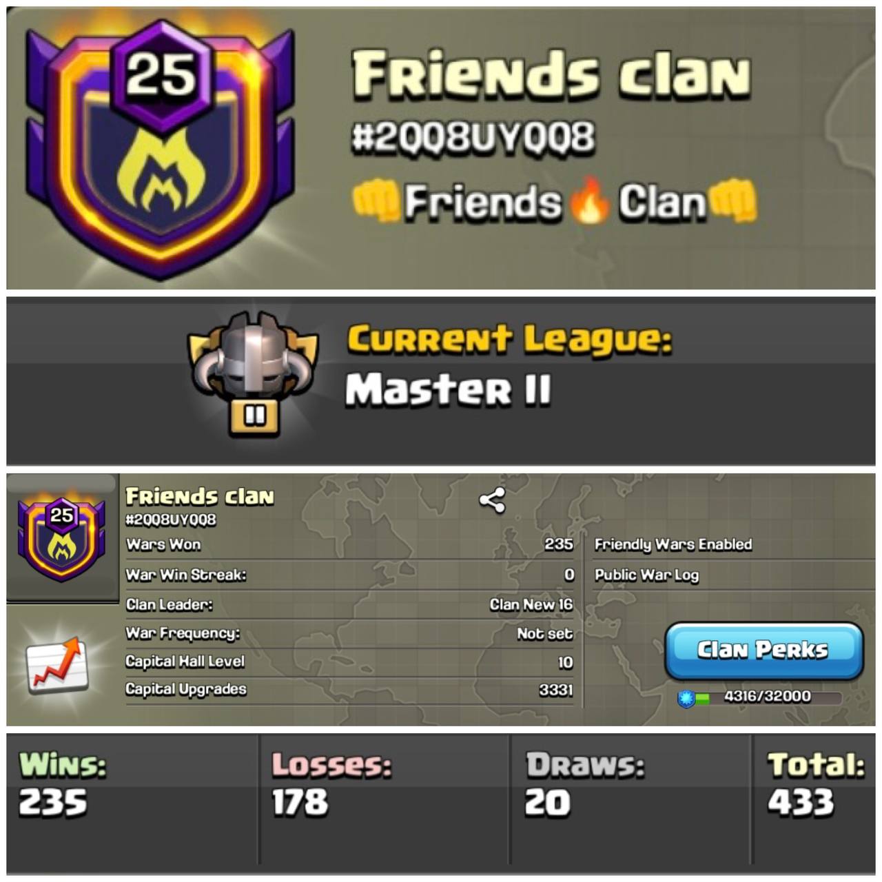 Friends Clan Lvl 25 | Master League 2 | Wins 235 Losses 178 | Max Clan Capital 10 | Value for Money Deal!