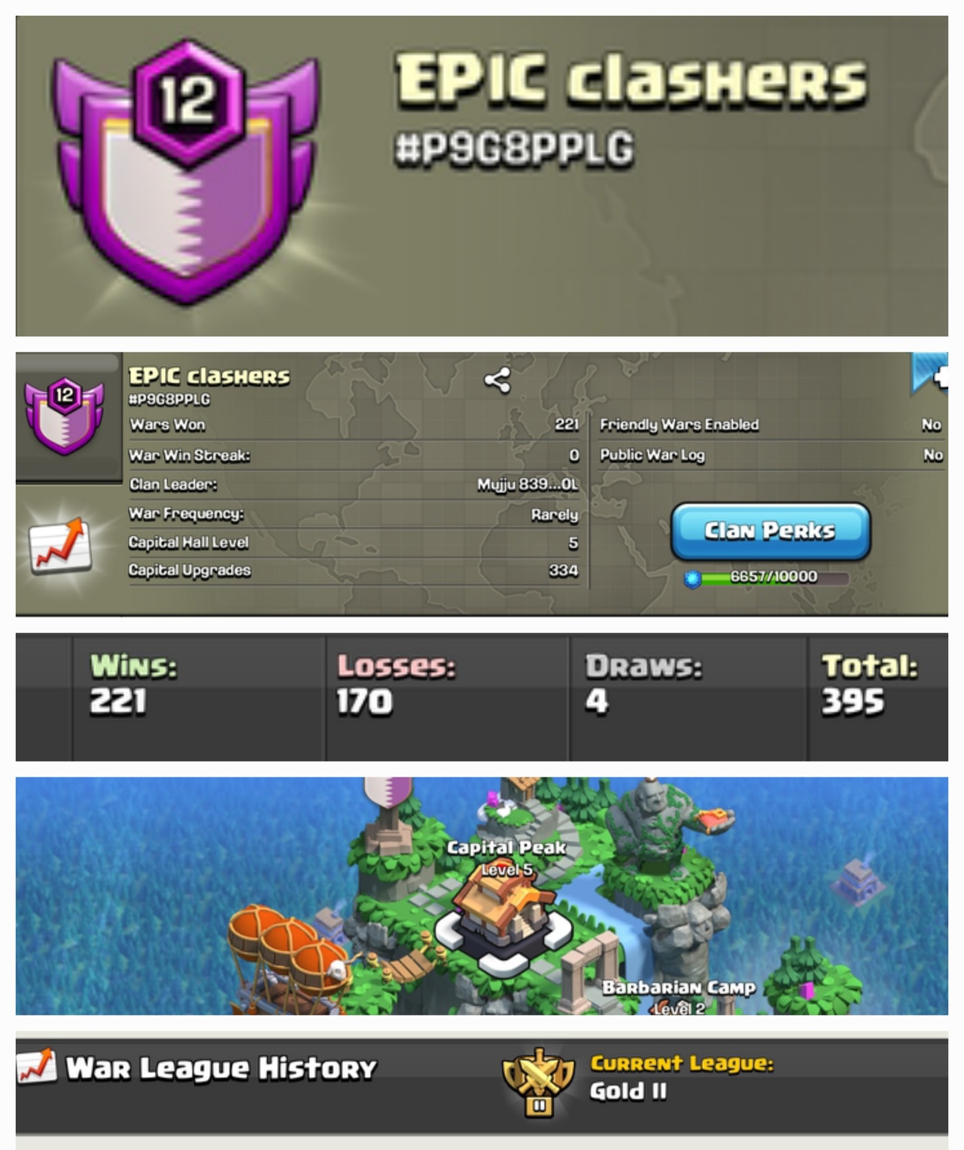 EPIC ClasherS !! LEVEL 12 !! WIN 221 LOSS 170 !! CAPITAL PEAK 5 !! GOLD LEAUGE 2 !! PERFECT NAME !! CHEAP !! FAST DELIVERY