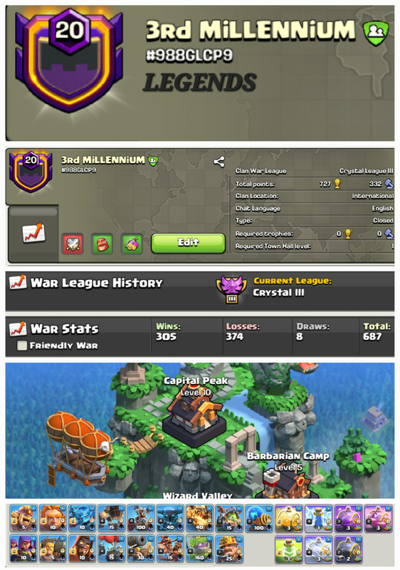 3rd MiLLENNiUM !! LEVEL 20 !! CAPITAL PEAK 10 (ALMOST MAX TROOPS) !! CRYSTAL 3 !! WIN 305 LOSS 374 !! PERFECT NAME !! CHEAP !! FAST DELIVERY
