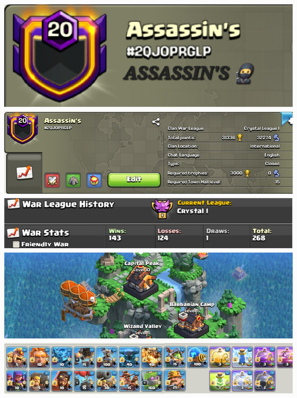 Assassin's !! LEVEL 20 !! CAPITAL PEAK 10 ( MAX TROOPS ) !! WIN 143 LOSS 124 !! CRYSTAL LEAUGE 2 !! PERFECT NAME !! AFFORDABLE !! FAST DELIVERY