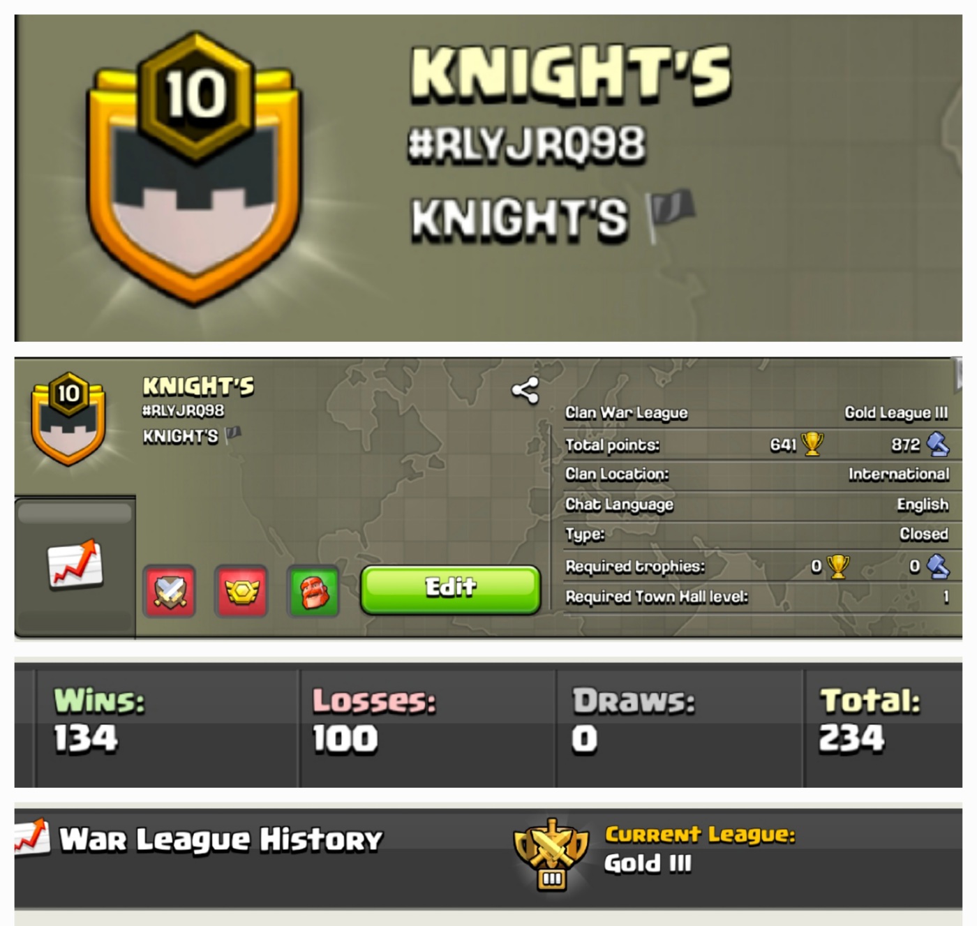 KNIGHT'S !! LEVEL 10 !! WIN 134 LOSS 100 !! POSITIVE WAR LOG !! GOLD LEAUGE 3 !! PERFECT NAME !! AFFORDABLE !! INSTANT DELIVERY