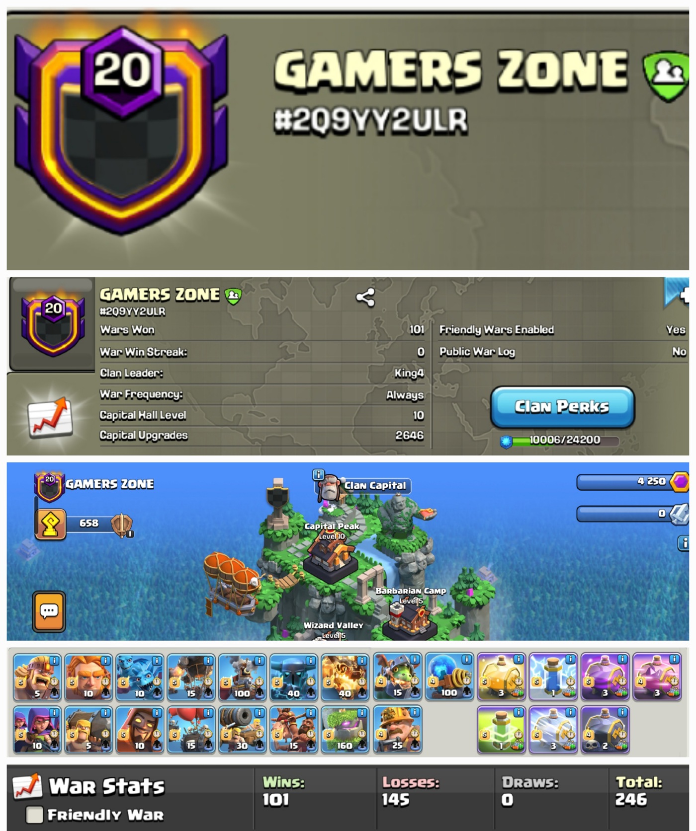 GAMERS ZONE !! LEVEL 20 !! CAPITAL PEAK 10 (MAX ARMY) !! WIN 101 LOSS 145 !! GOLD 2 !! PERFECT NAME !! AFFORDABLE !! FAST DELIVERY