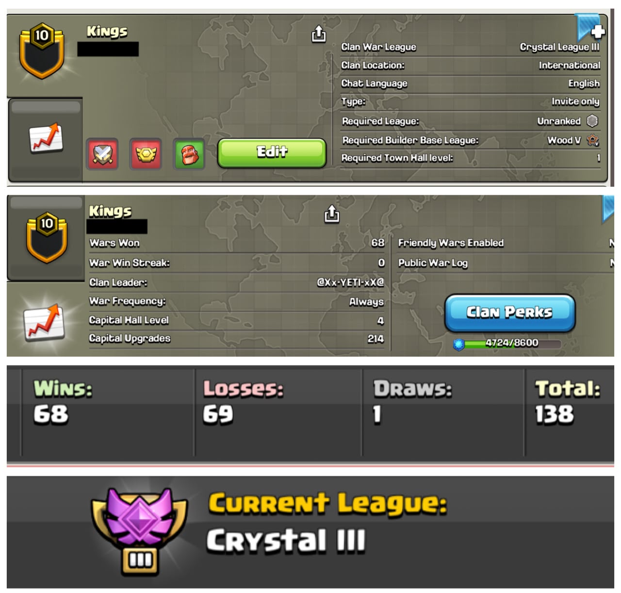 NAME : kings || LVL 10.5 || CRYSTAL 3 || 68 WINS 69 LOSSES 1 DRAW 138 TOTAL