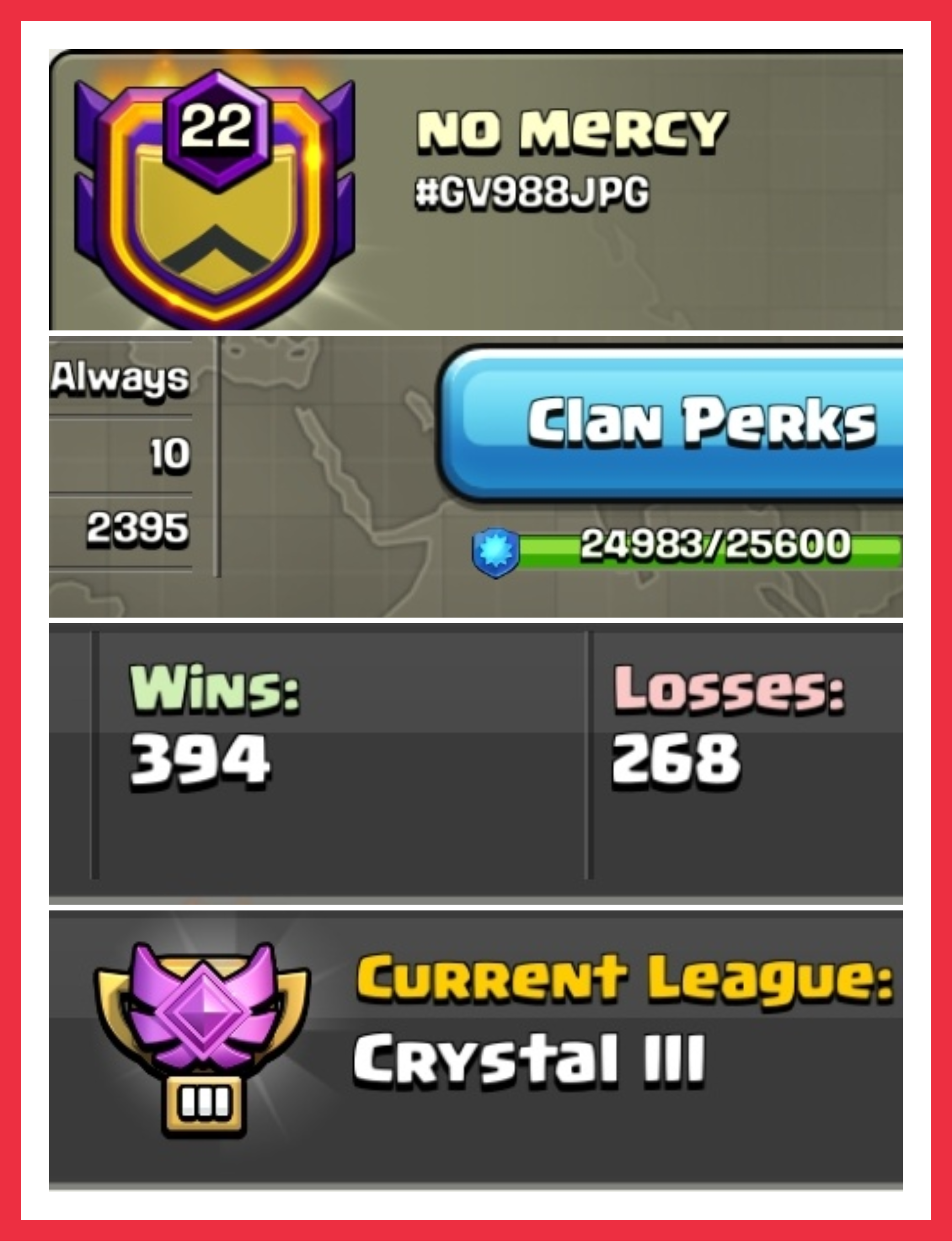 ‼️ NAME - no mercy ‼️ LEVEL 22 ‼️ Gold 1 ‼️ CC 10 ‼️ 394:268 WAR LOG ‼️ INSTANT DELIVERY ✅