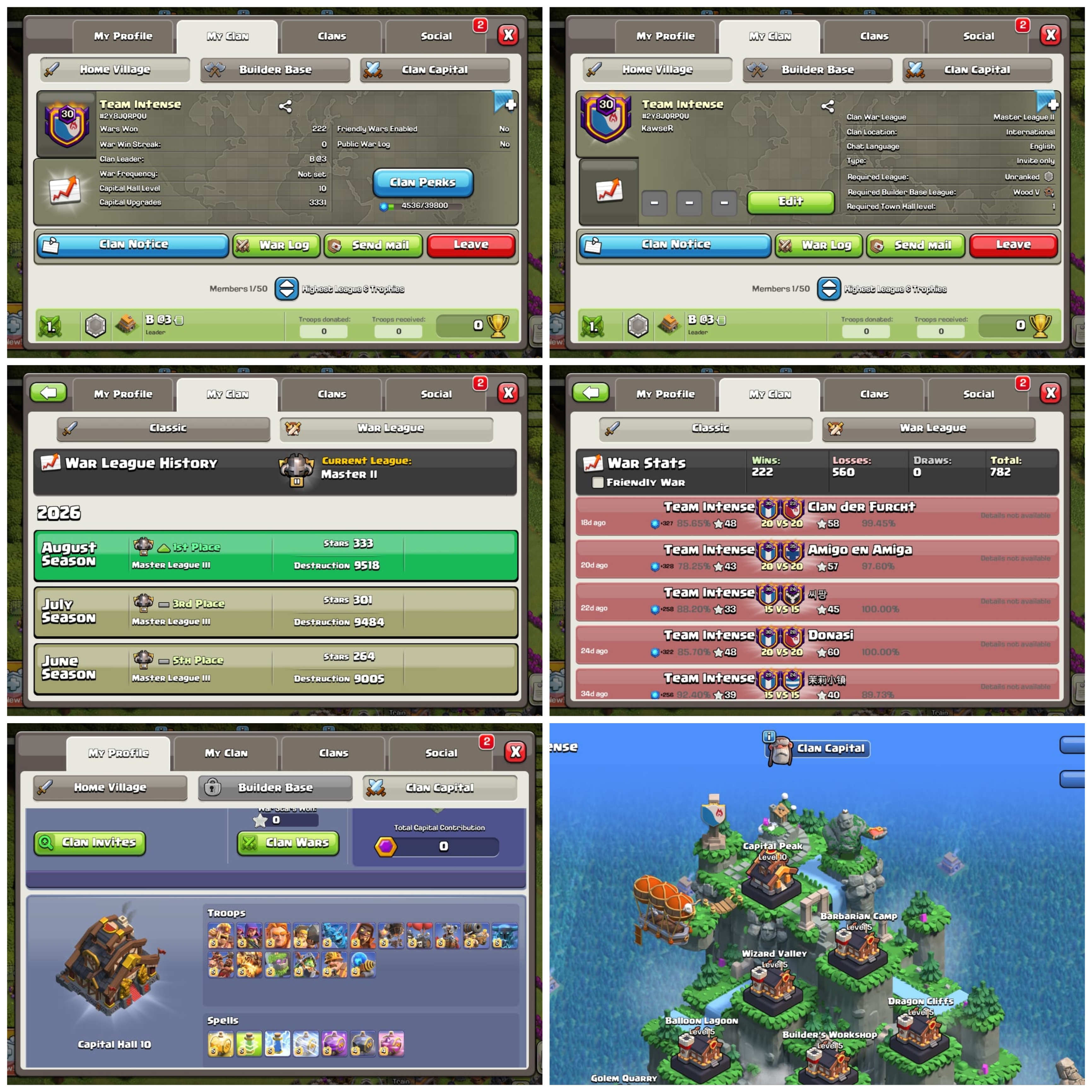 CU-3331➤CLAN LEVEL 30 ➤ MASTER LEAGUE 2➤NAME: TEAM INTENSE ➤CP MAXED ✓ RARE ENGLISH NAME ➤ CLAN CAPITAL 10 || WIN- 222 | LOSS- 560 ➤LOW PRICE