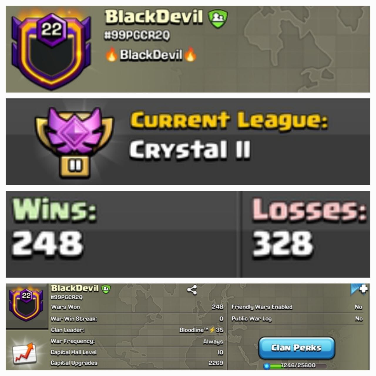 ➤CLAN LEVEL 22 ➤ CRYSTAL LEAGUE 2➤NAME:Black Devil  ➤ RARE ENGLISH NAME ➤ CLAN CAPITAL 10 || WIN-248  | LOSS-328 ➤LOW PRICE