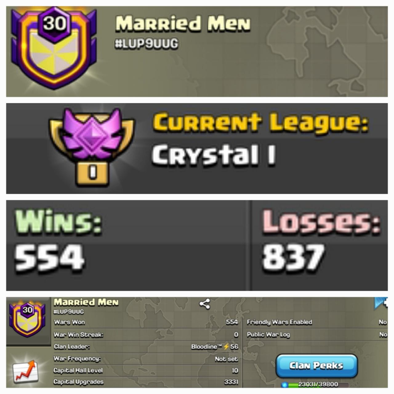 CU-3331➤CLAN LEVEL 30➤ CRYSTAL LEAGUE 1➤NAME: Married Men➤ RARE ENGLISH NAME ➤ CLAN CAPITAL 10 || WIN-554  | LOSS-837 ➤LOW PRICE