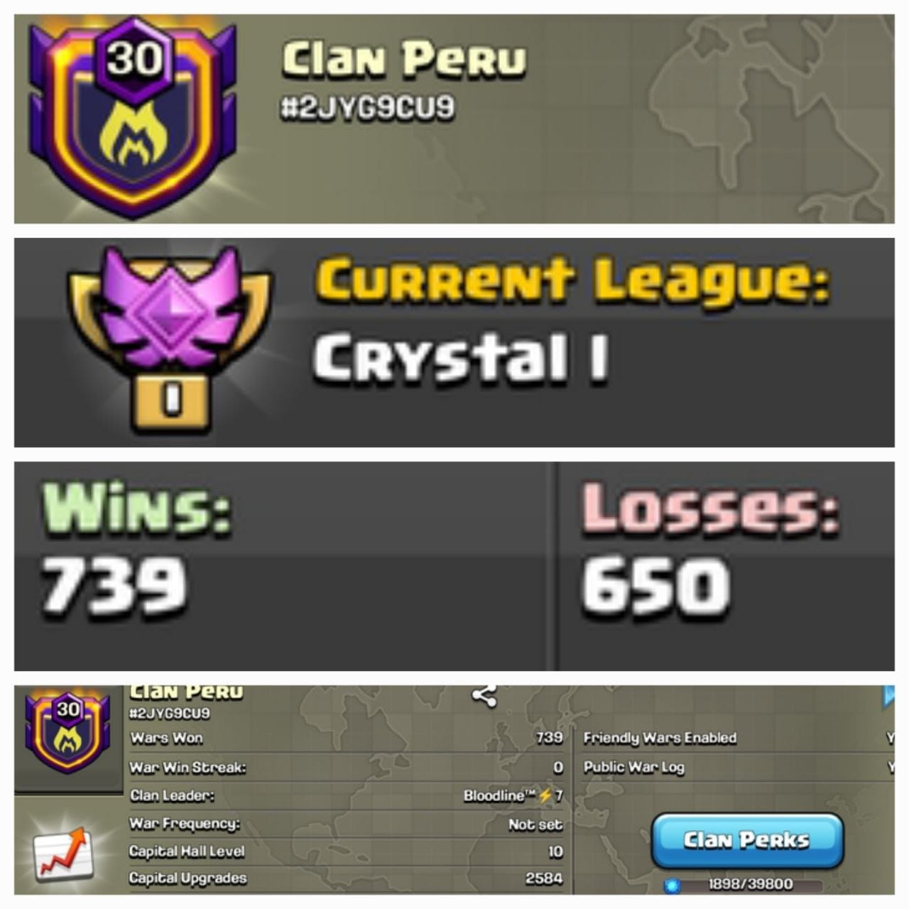CU-2584➤CLAN LEVEL 30➤ CRYSTAL LEAGUE 1➤NAME:Clan peru ➤ RARE ENGLISH NAME ➤ CLAN CAPITAL 10|| WIN- 739 | LOSS- 650➤LOW PRICE