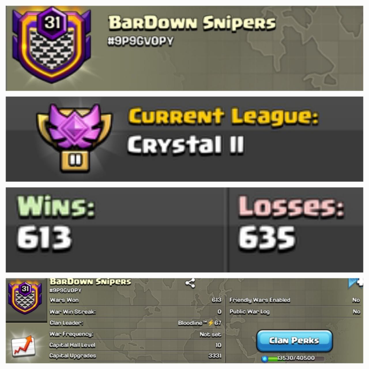 CU-3331➤CLAN LEVEL 31➤ CRYSTAL LEAGUE 2➤NAME: BarDown snipers ➤ RARE ENGLISH NAME ➤ CLAN CAPITAL 10|| WIN-613  | LOSS- 636➤LOW PRICE