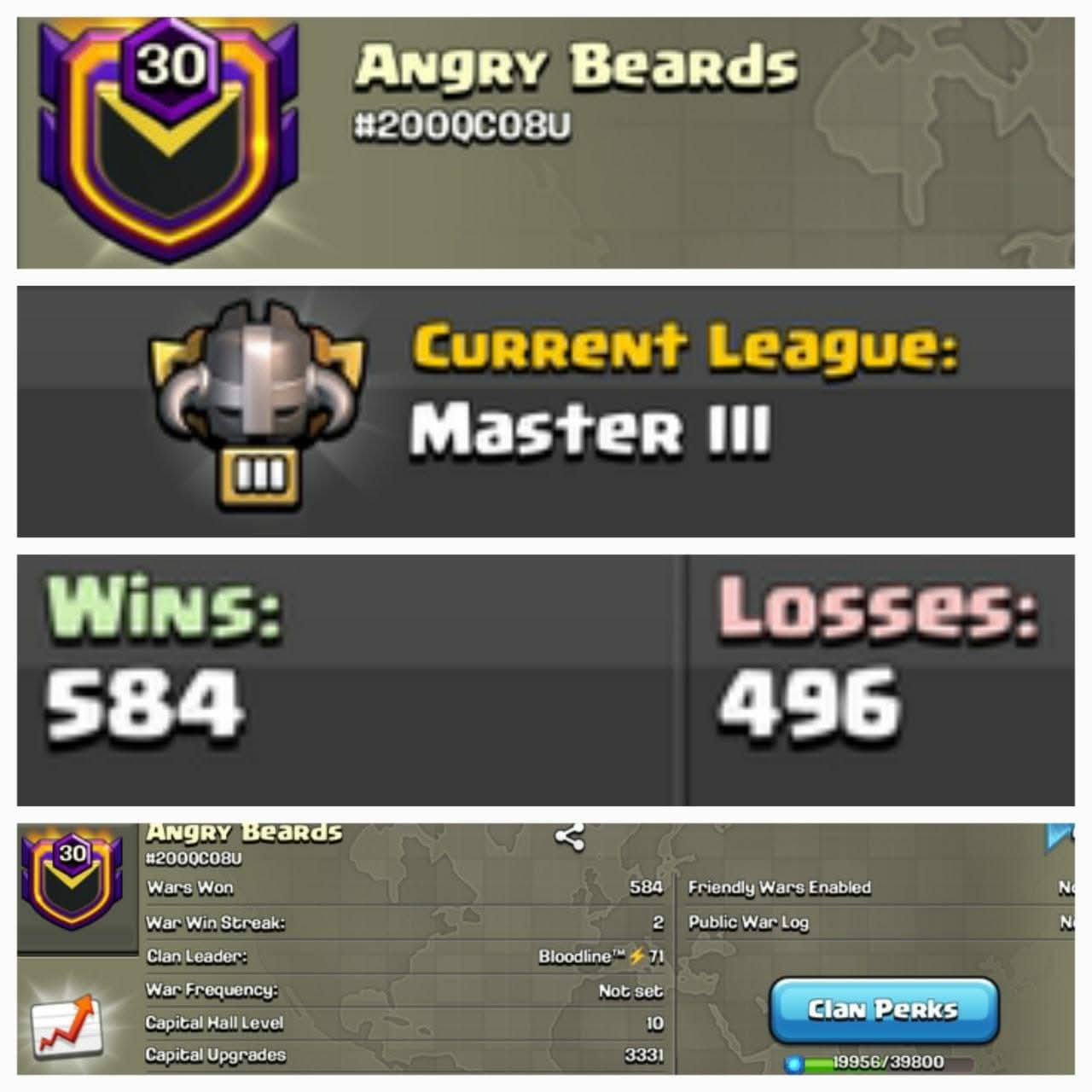 CU-3331➤CLAN LEVEL 30➤ MASTER LEAGUE 3➤NAME: Angry Beards ➤ RARE ENGLISH NAME ➤ CLAN CAPITAL 10 || WIN- 583 | LOSS- 496➤LOW PRICE