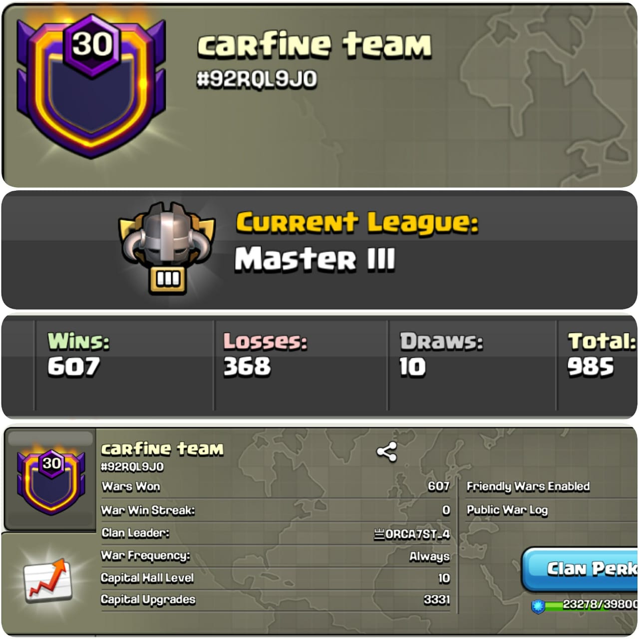 CU-3331 ➤CLAN LEVEL 30 ➤ MASTER LEAGUE 3➤NAME: carfine team➤ RARE ENGLISH NAME ➤ CLAN CAPITAL 10 || WIN- 607 | LOSS- 368 ➤LOW PRICE