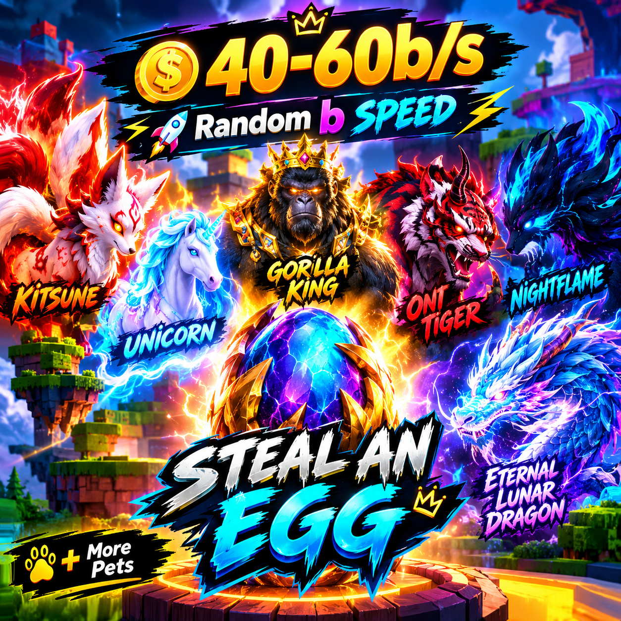 🔥 40–60B/S 💰 RANDOM HIGH-SPEED ACCOUNT 🚀 | 🦊 KITSUNE | 🦄 UNICORN | 🦍 GORILLA KING | 🐯 ONI TIGER | 🐉 ETERNAL LUNAR DRAGON | 🥚 STEAL AN EGG