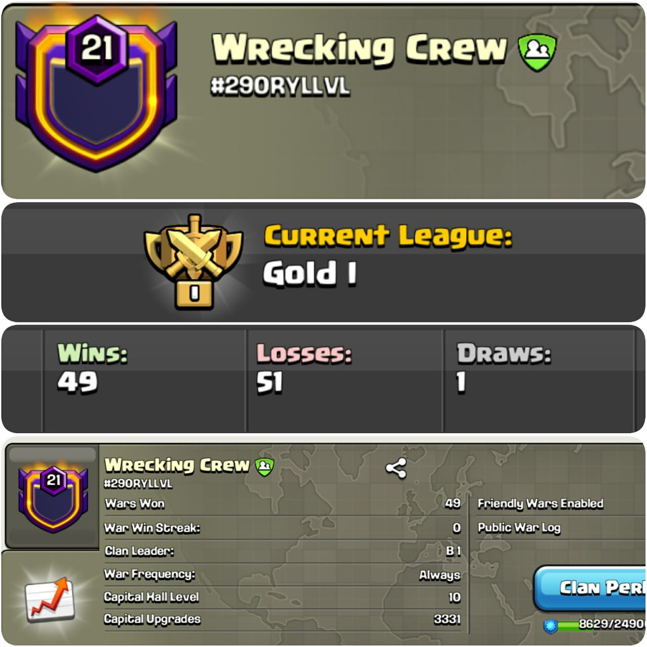 CU-3331 ➤CLAN LEVEL 21 ➤ GOLD LEAGUE 1➤NAME: Wrecking Crew ➤ RARE ENGLISH NAME ➤ CLAN CAPITAL 10 || WIN- 49 | LOSS- 51 ➤LOW PRICE
