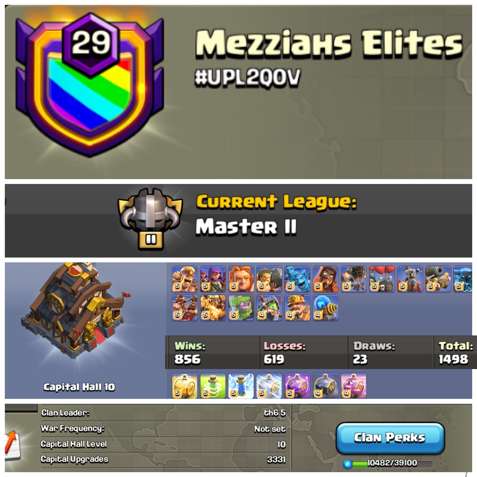 Level 29 clan || master 2 clan capital 10 maxed || rare 7 digit tag ||  warlog 856-619 || famous name - Mezziahs Elites
