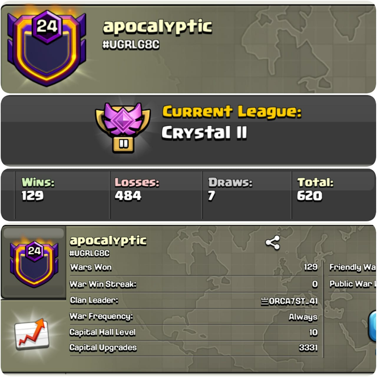 CU-3331➤CLAN LEVEL 24➤ CRYSTAL LEAGUE 2➤NAME: apocalyptic ➤ RARE ENGLISH NAME ➤ CLAN CAPITAL 10|| WIN-129 | LOSS- 484➤LOW PRICE