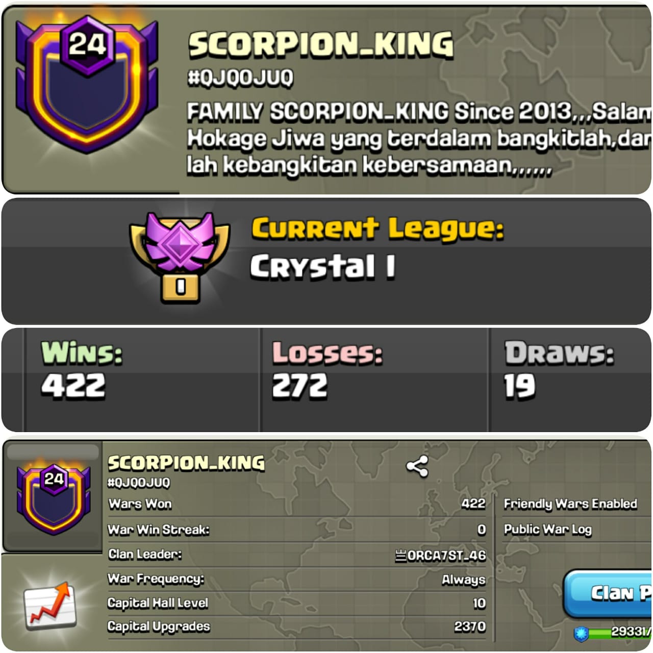 ➤CLAN LEVEL 24➤ CRYSTAL LEAGUE 1➤NAME: SCORPION_KING➤ RARE ENGLISH NAME ➤ CLAN CAPITAL || WIN-422 | LOSS-272 ➤LOW PRICE