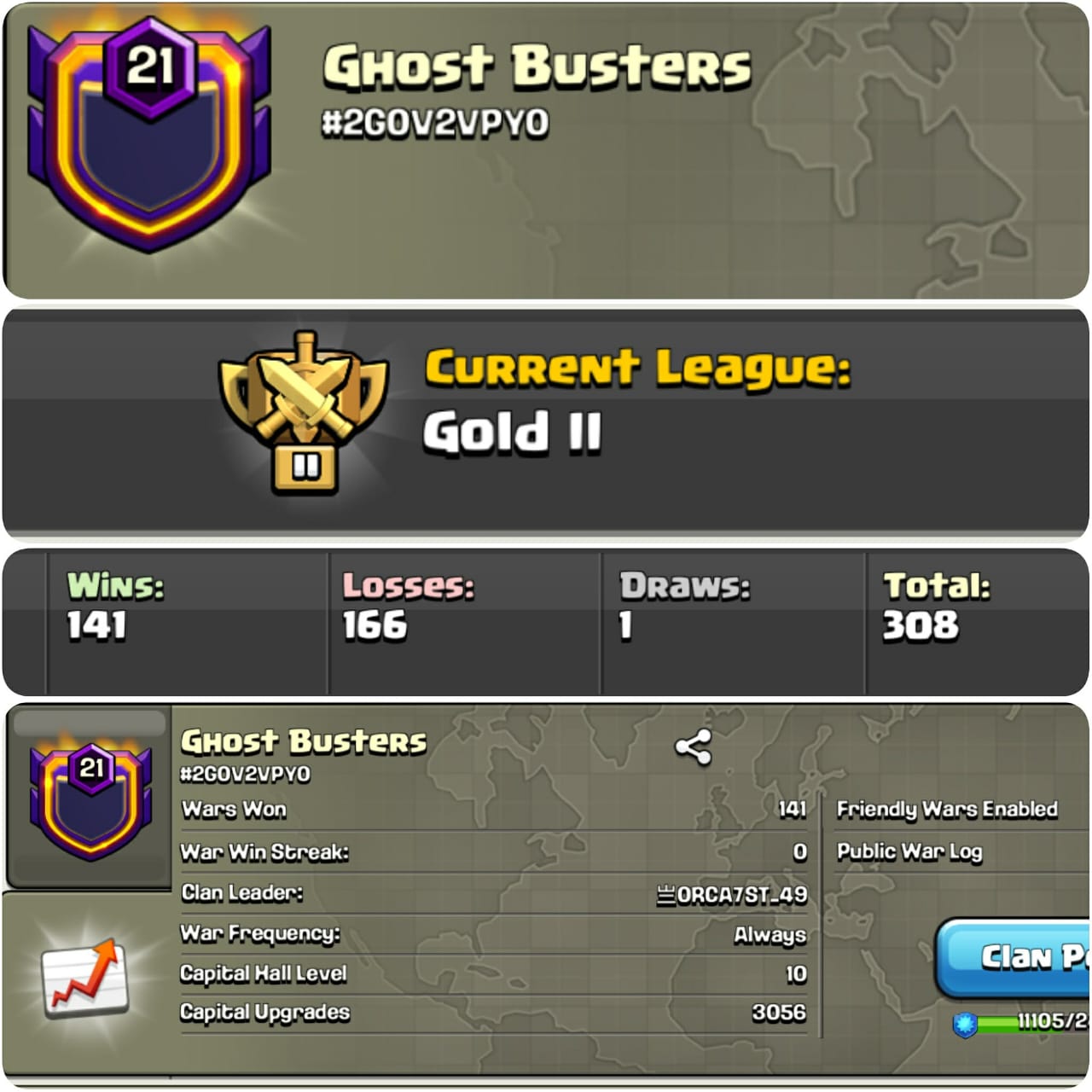 CU-3056➤CLAN LEVEL 21➤ GOLD LEAGUE 2➤NAME: Ghost Busters ➤ RARE ENGLISH NAME ➤ CLAN CAPITAL 10 || WIN-141 | LOSS- 166➤LOW PRICE