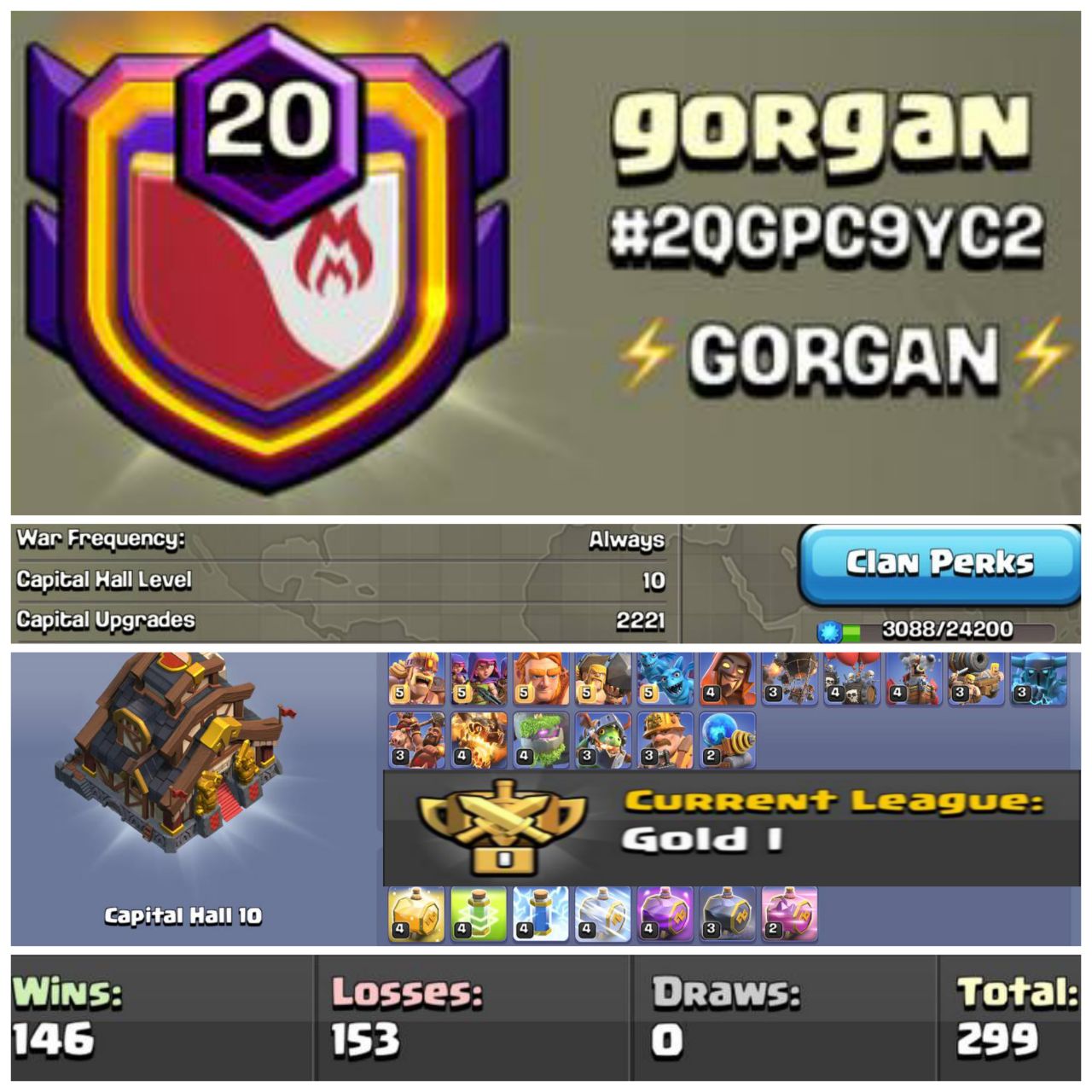 LVL 20 ⚡ NAME: GORGAN ⚡ CC 10 ⚡ GOLD 1 ⚡ WL WIN: 146 / LOSSES: 153 ⚡ INSTANT DELIVERY 🚚