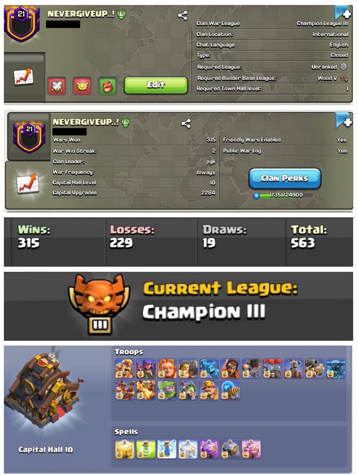 CHAMP 3 || LEVEL 21.7 || CC: 10 MAX || NAME : NEVERGIVEUP…! || WARLOG , W-L-D-T : 315-229-19-563