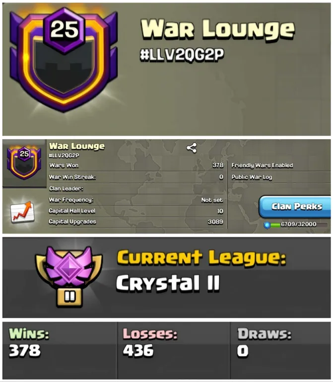 War Lounge || Lvl 25📛 || Crystal 2 💎|| CC-10 FULL MAXED☠️⏩ WARLOG: 378-436🚀🔥Rare Name Clan 💗