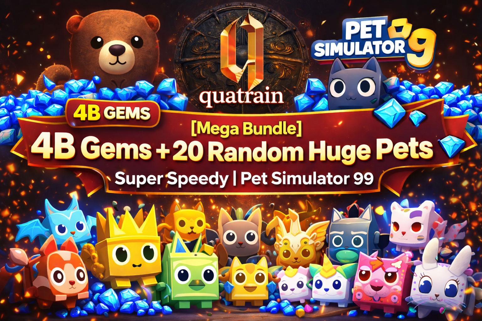 🐻💎 [Mega Bundle] 4B Gems + 20 Random Huge Pets 💎🐻 Super Speedy | Pet Simulator 99 🐱