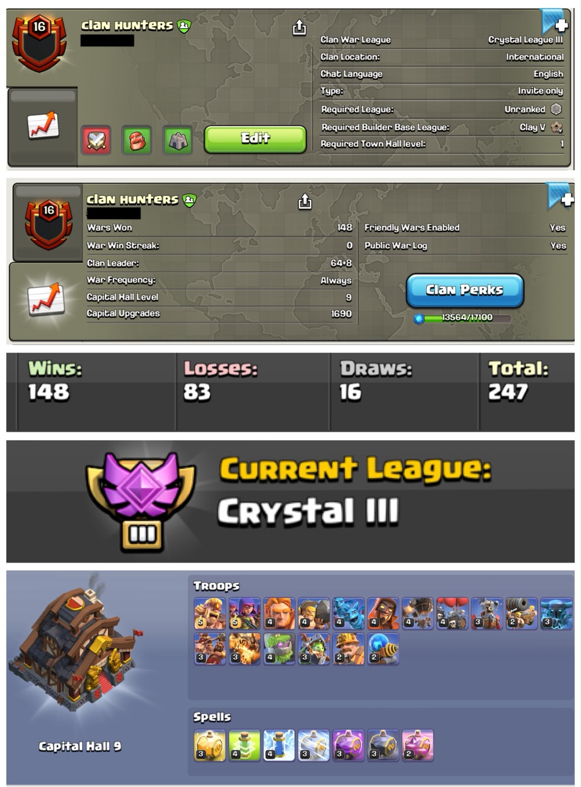 NAME : clan Hunters || LVL 16.8 || CRYSTAL 3  || W-L-T-D : 148-83-16-247 || CC : 9