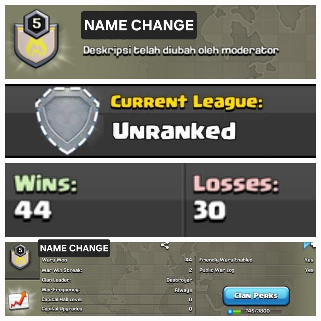 Level 5 name change clan || unranked || warlog 44-30
