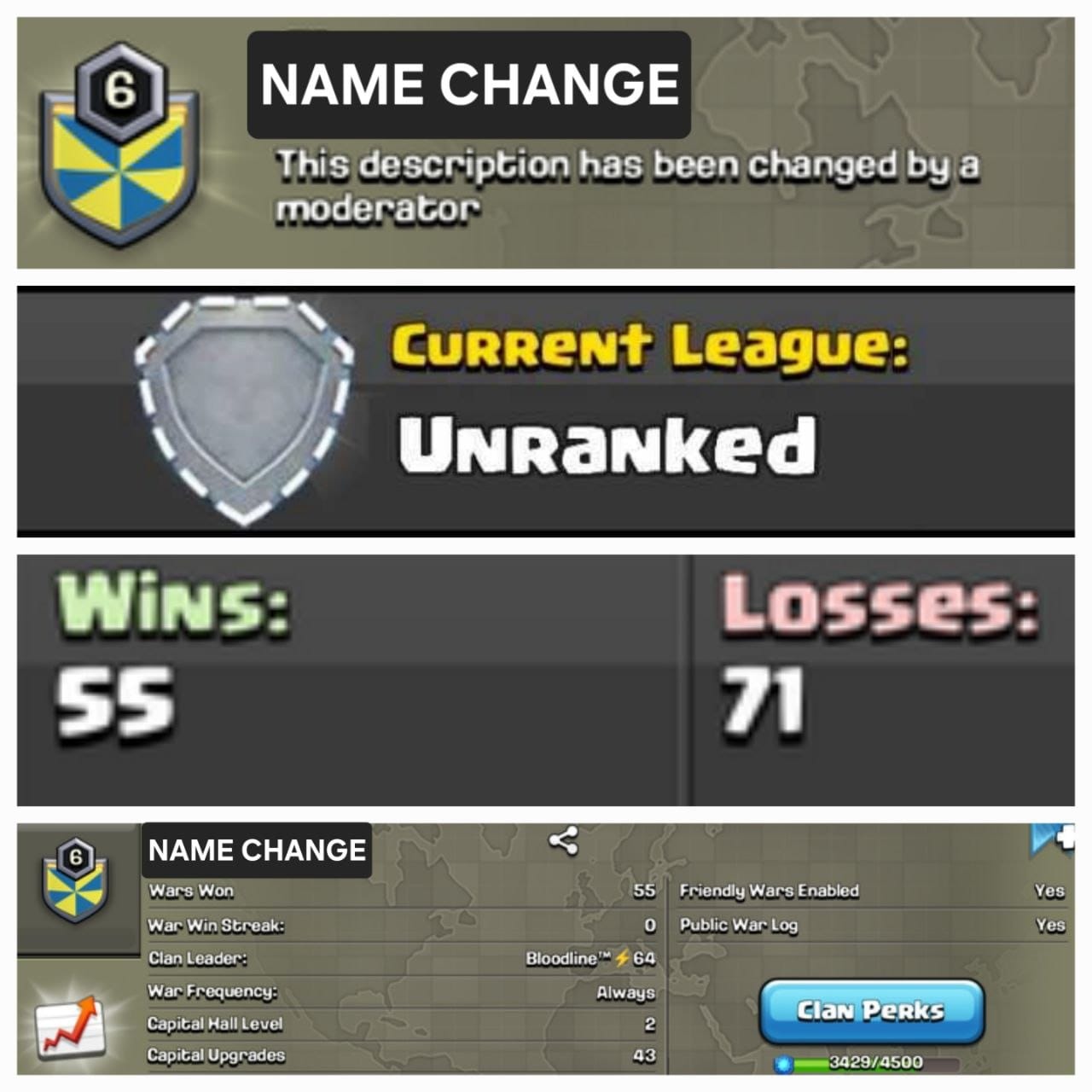 Level 6 name change clan || unranked warlog 55-71