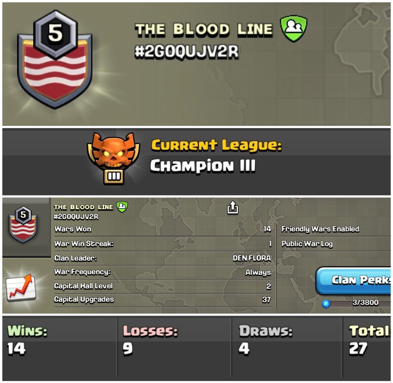 Level 5 clan || champion 3 || warlog 14-9 || name - THE BLOOD LINE